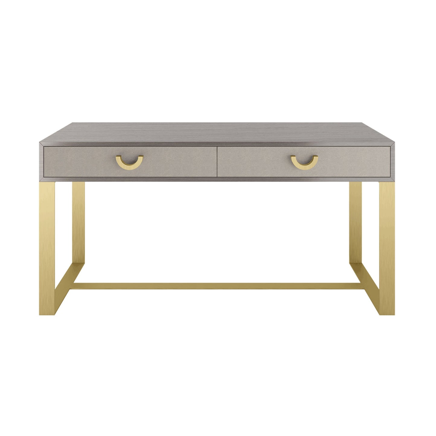 Luxury rectangular home office desk with a high gloss wood veneer, a brushed brass structure and handles, and two drawers with front leather inlays