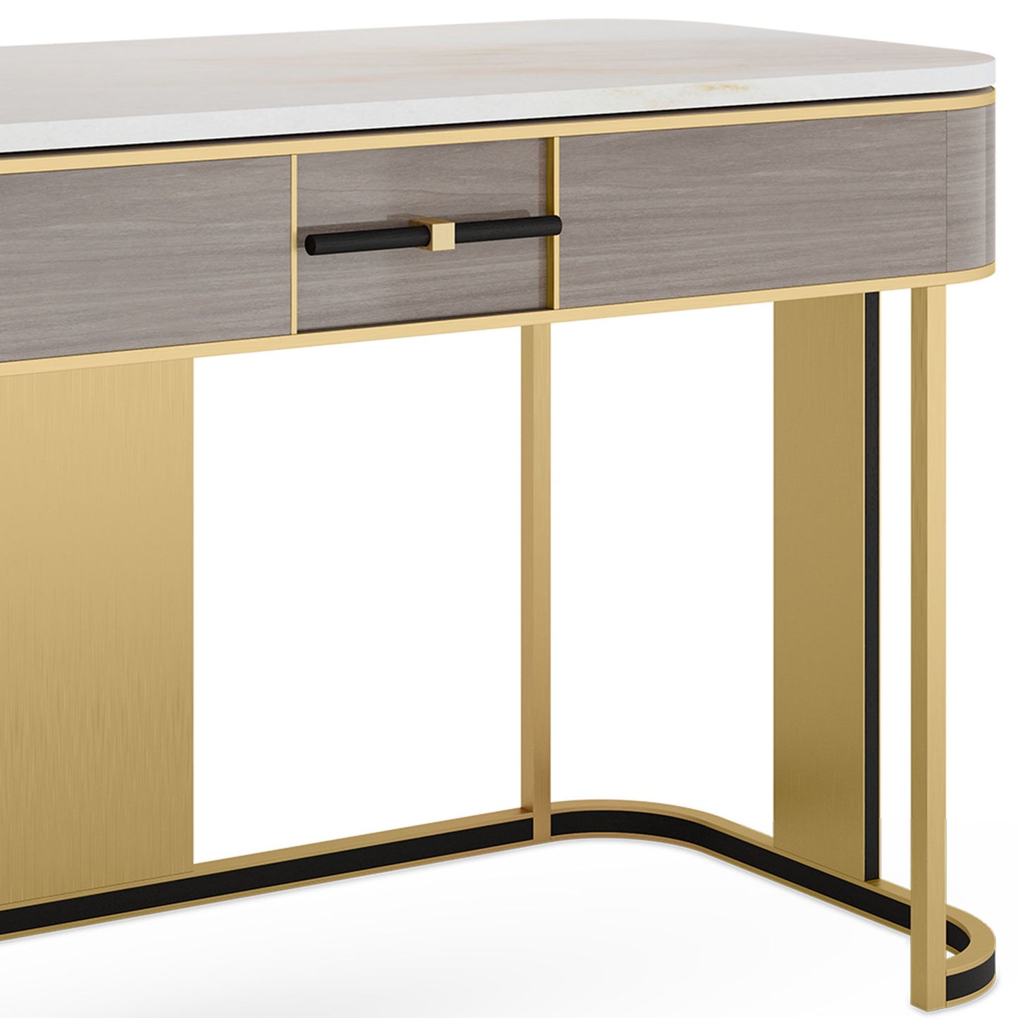 close up of the modern curved desk showing the stone top, high gloss wood veneer, and black detailing on the drawer handle