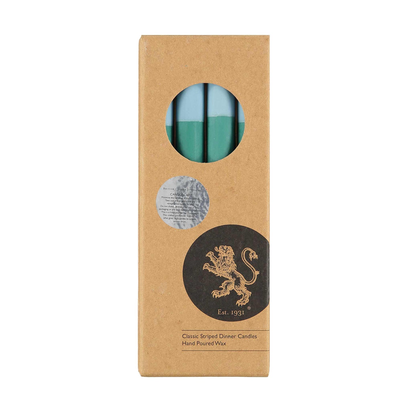 Four blue and green striped candles in recycled packaging