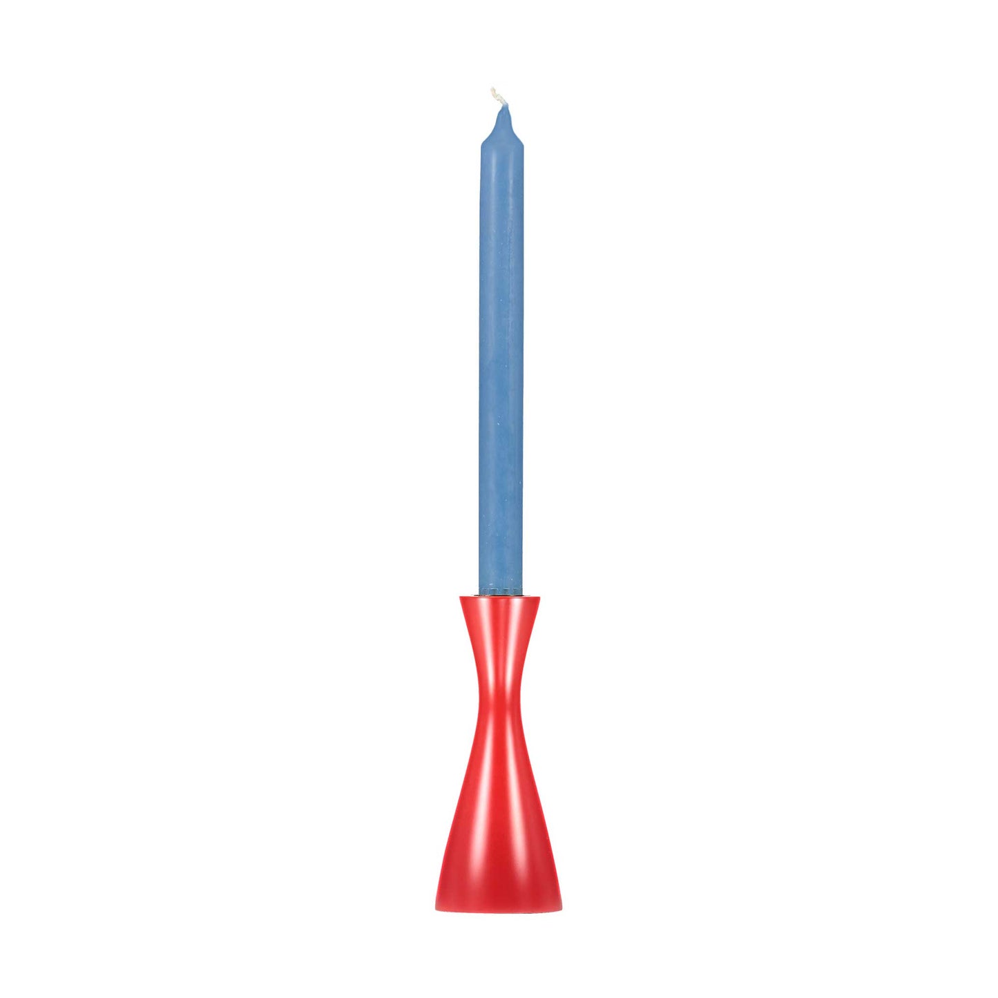 Minimal plain red candleholder with a tall blue dinner candle