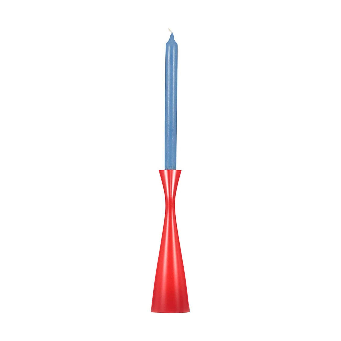 Minimal plain red candleholder with a tall blue dinner candle