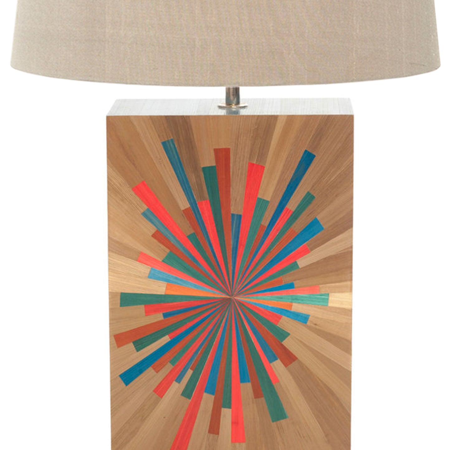 close up of the straw marquetry lamp base in a minimal rectangular block design showing the brightly coloured straws at the centre