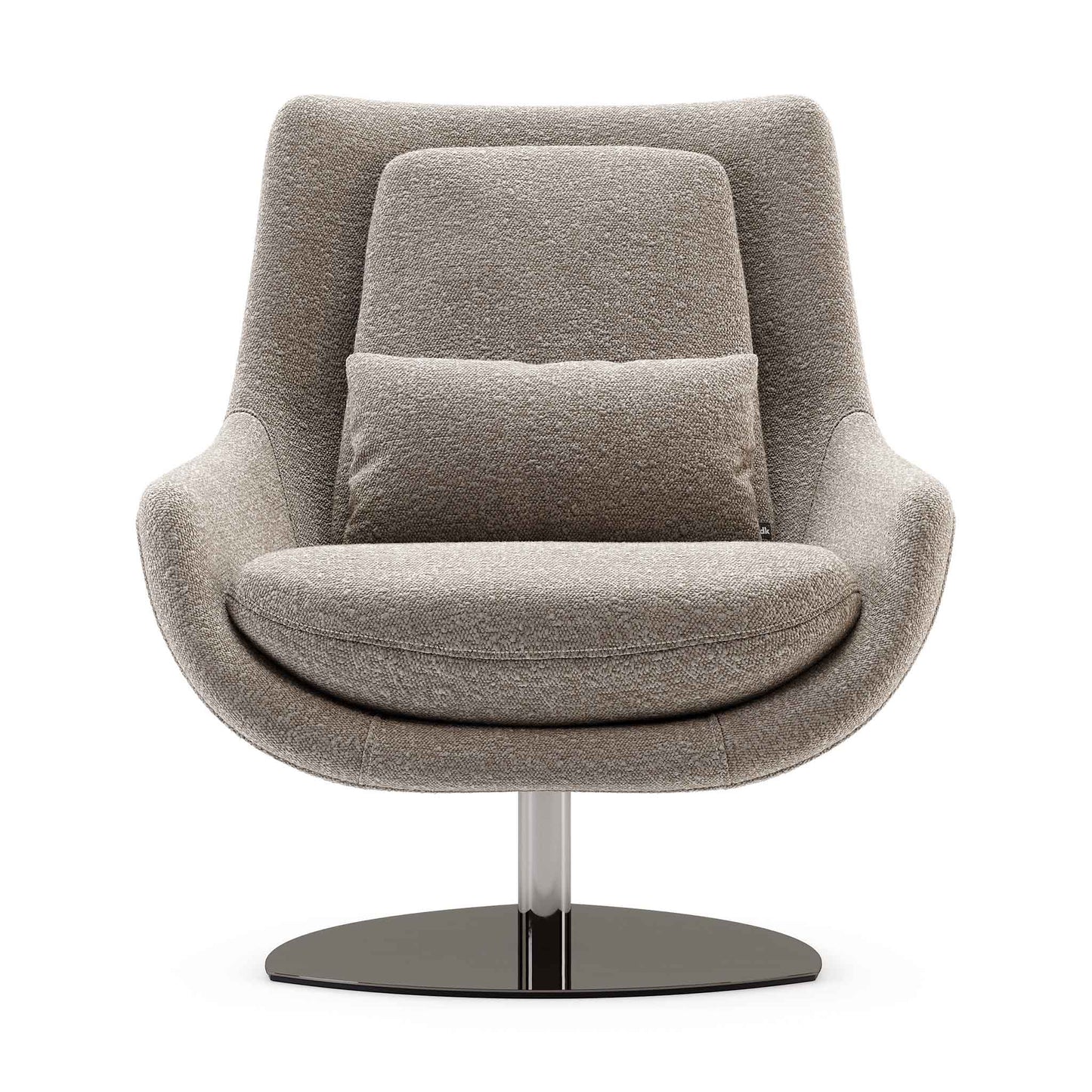 Modern egg shaped swivel chair with oatmeal coloured upholstery on pedestal steel base.