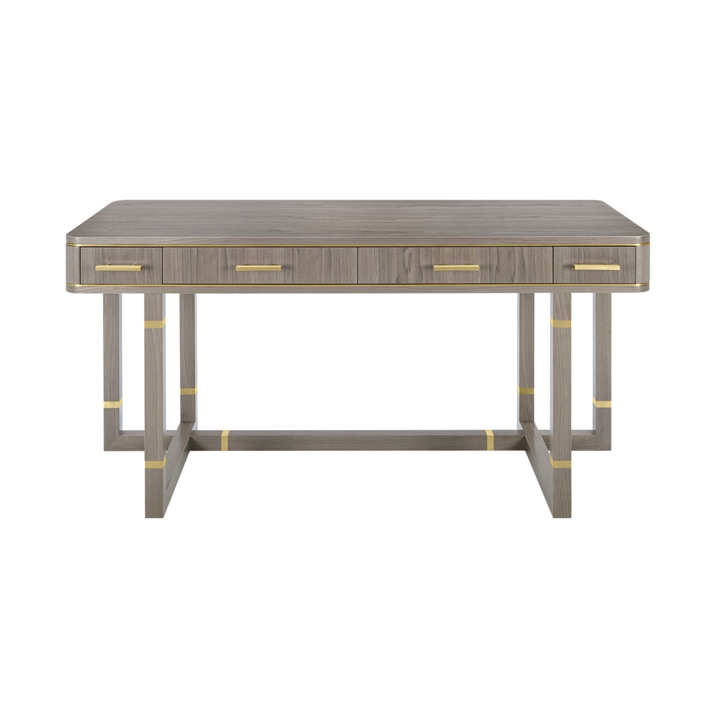 Luxury wood desk with metallic details. The wooden frame with metallic detailing is equipped with ample storage space for all your work accessories, a stylish addition to any work space. Shown here with a satin close pore wood veneer box, drawer fronts and structure and brushed brass details.