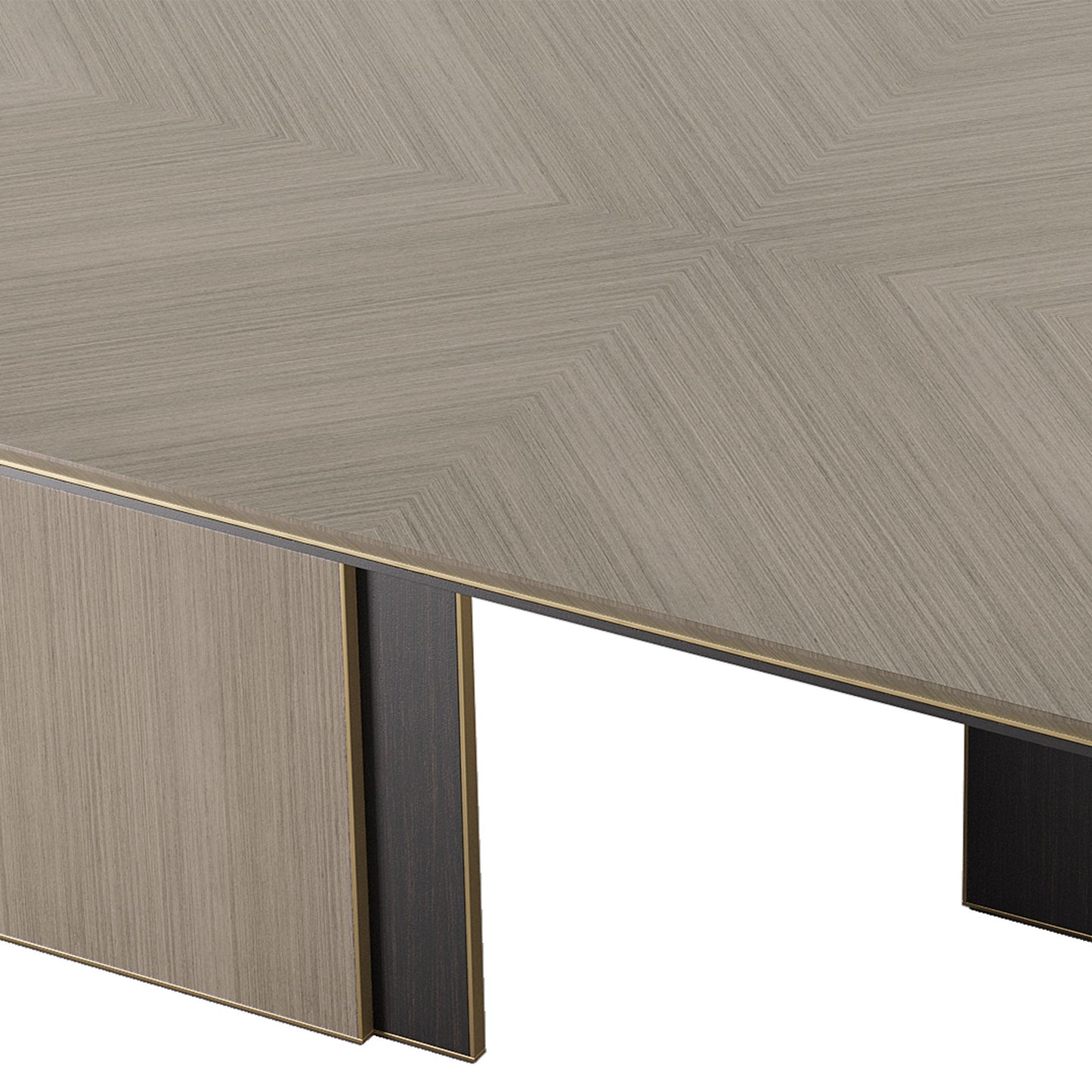 Oval wooden dining table in in a high gloss close pore wood veneer and brass details.