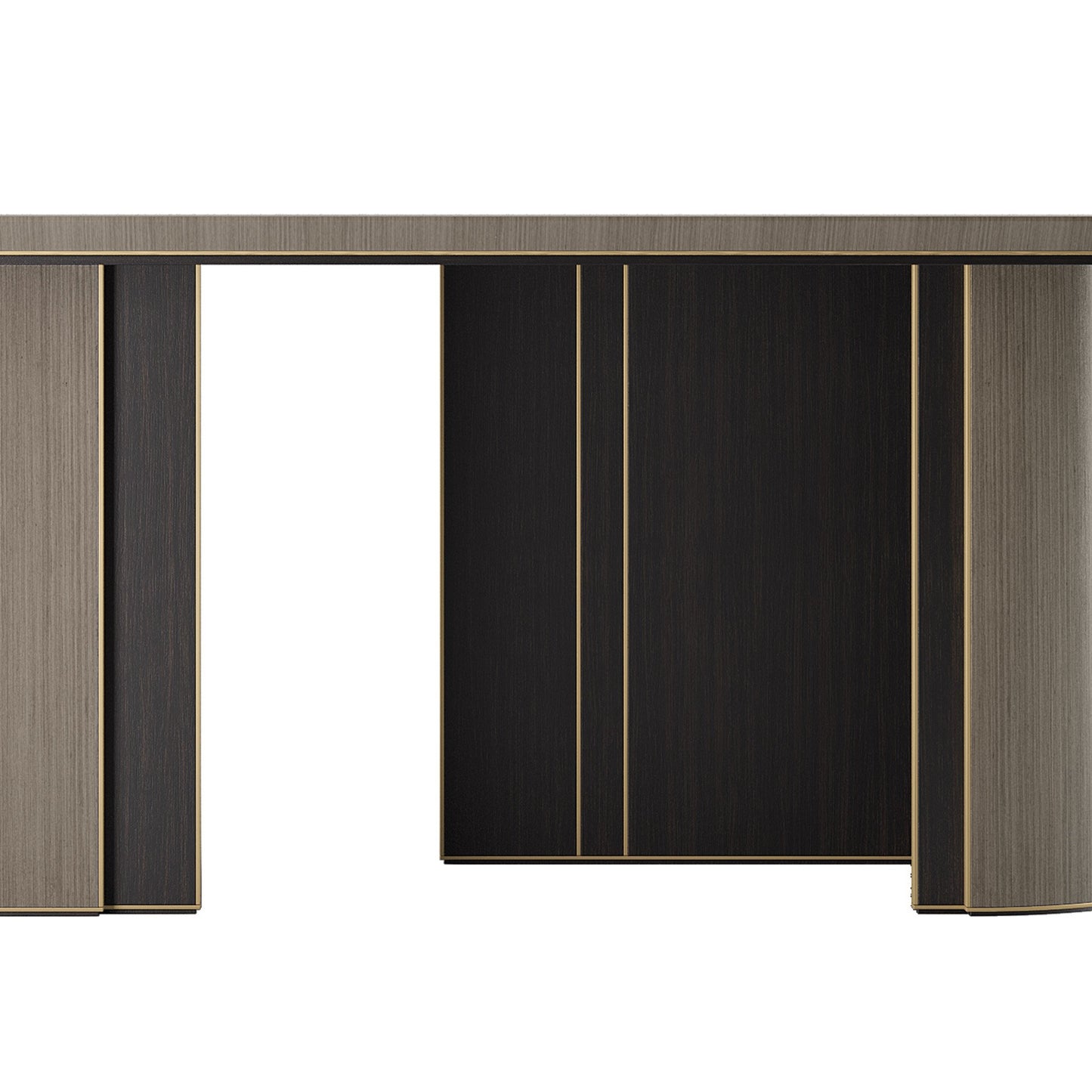Oval wooden dining table with a wood veneer satin open pore base and detailing in brushed brass.