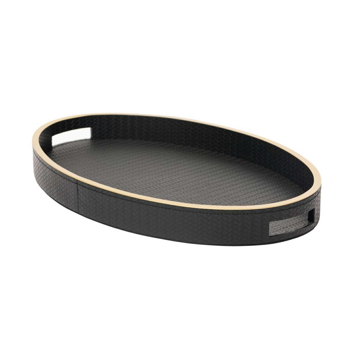 Oval black textured leather with gilt trim and handles