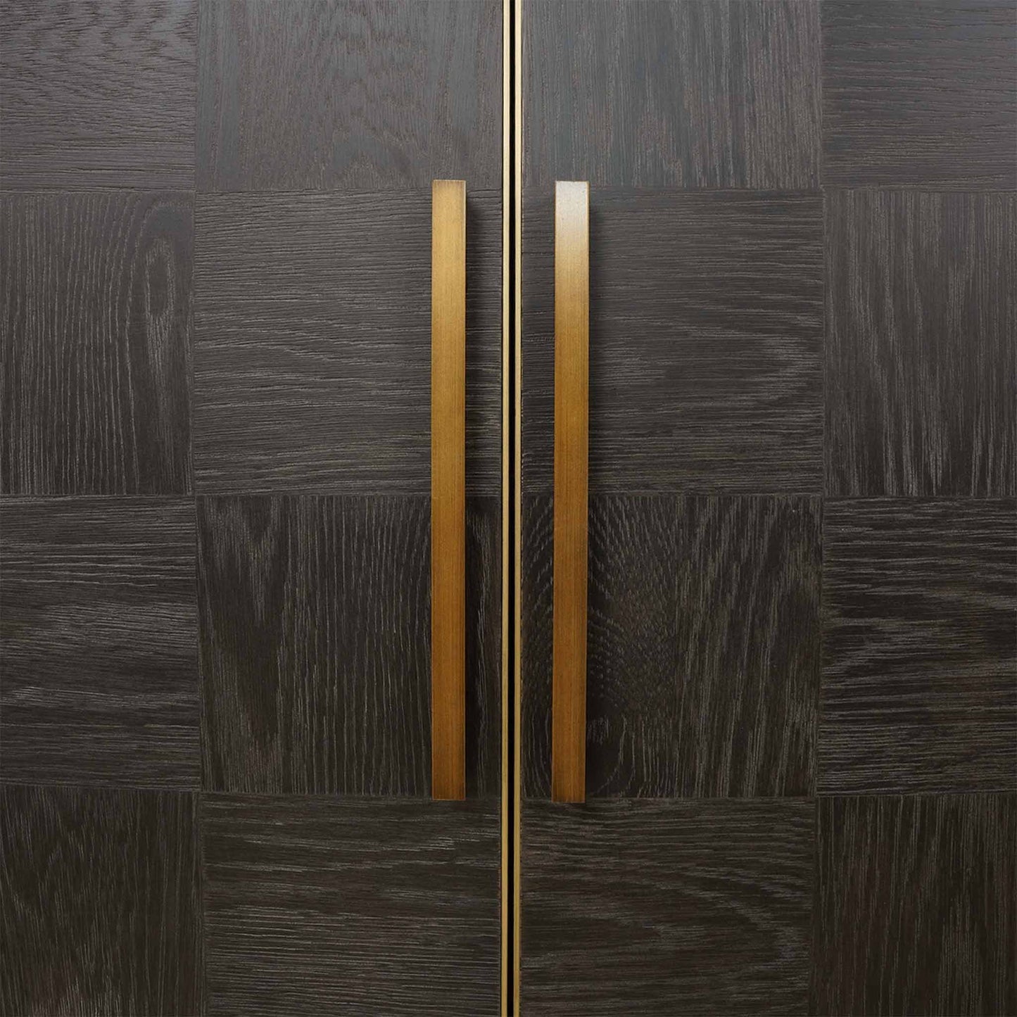 Close up of dark oak chessboard style wood panelled two door cabinet with brass details
