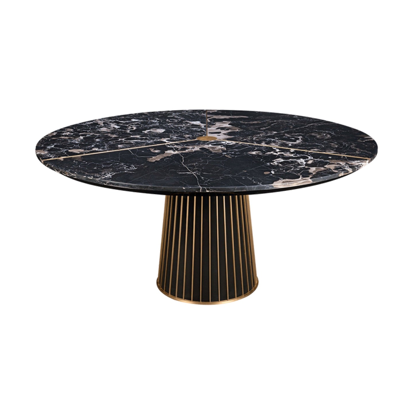 Round marble dining table with a high gloss lacquered wood tapered base and brushed brass detailing. A striking and dramatic center piece for your dining space.