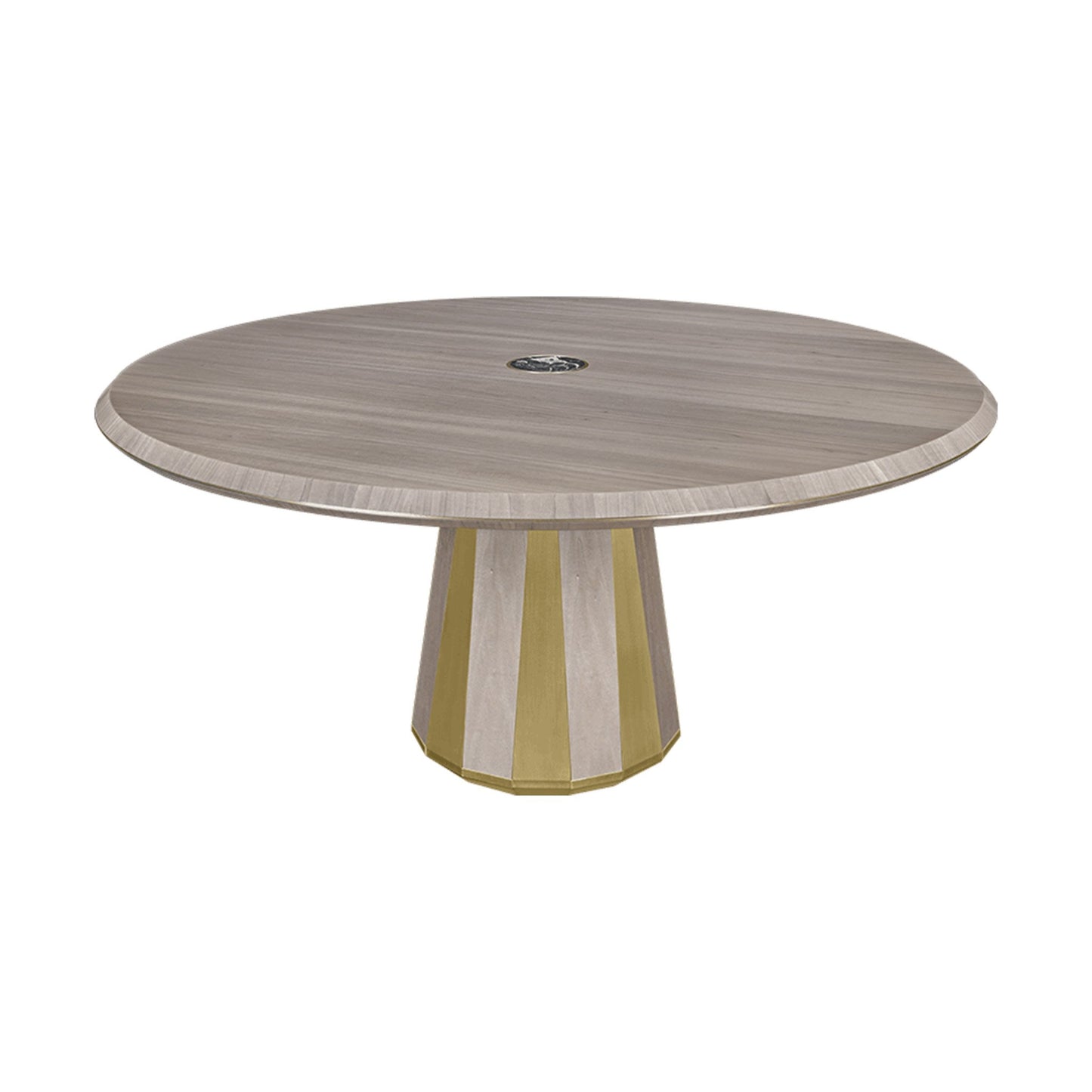 Luxury Round wooden dining table with wood veneer top, marbled centre inlay. and the base a fusion of wood veneer and brushed brass