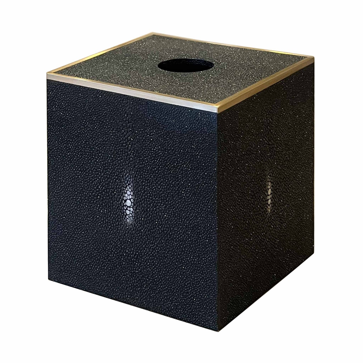 Black square luxury shagreen tissue box with brass trim