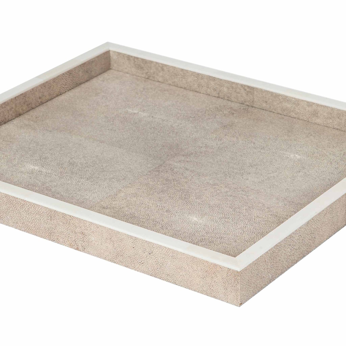 Close up of natural shagreen rectangular tray with white bone trim