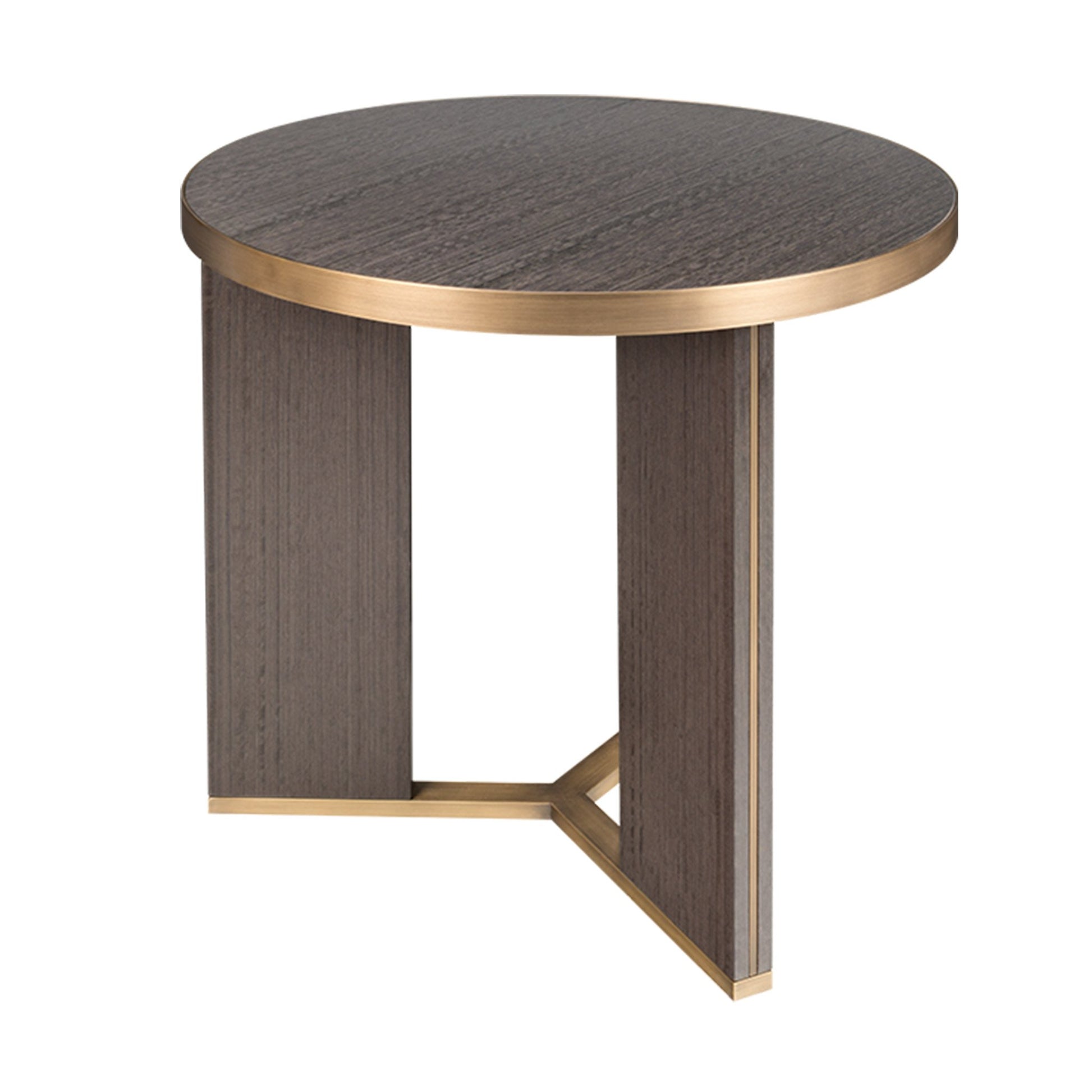 luxury small round three legged accent table with brass detail