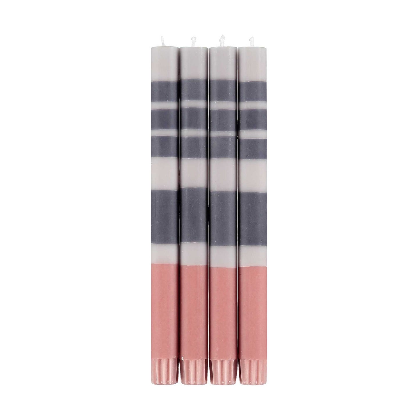 four tall striped candles in two shades of grey and rose