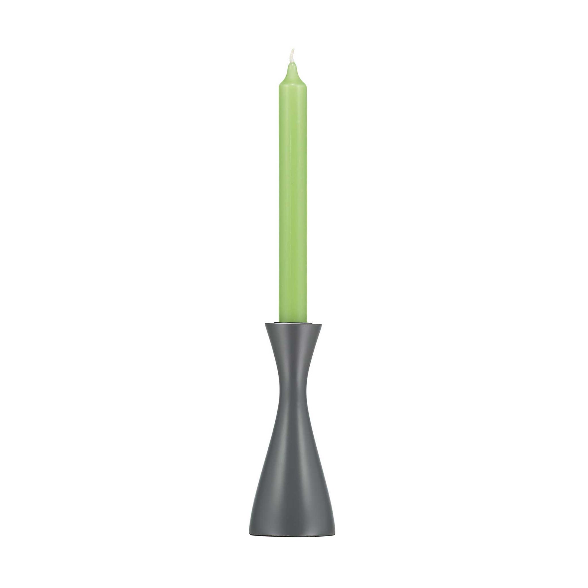 Minimal plain grey candleholder with tall green dinner candle