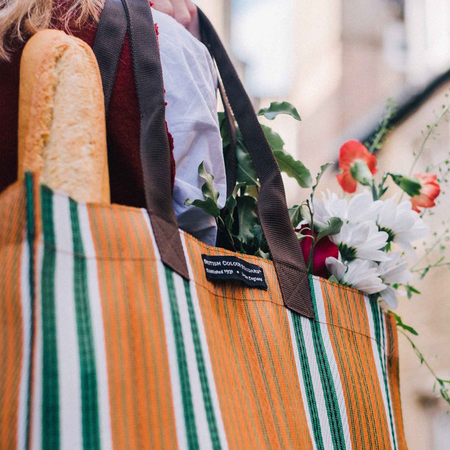 Woven Market Shopper in Marmalade Orange, Mediterranean Blue, & White