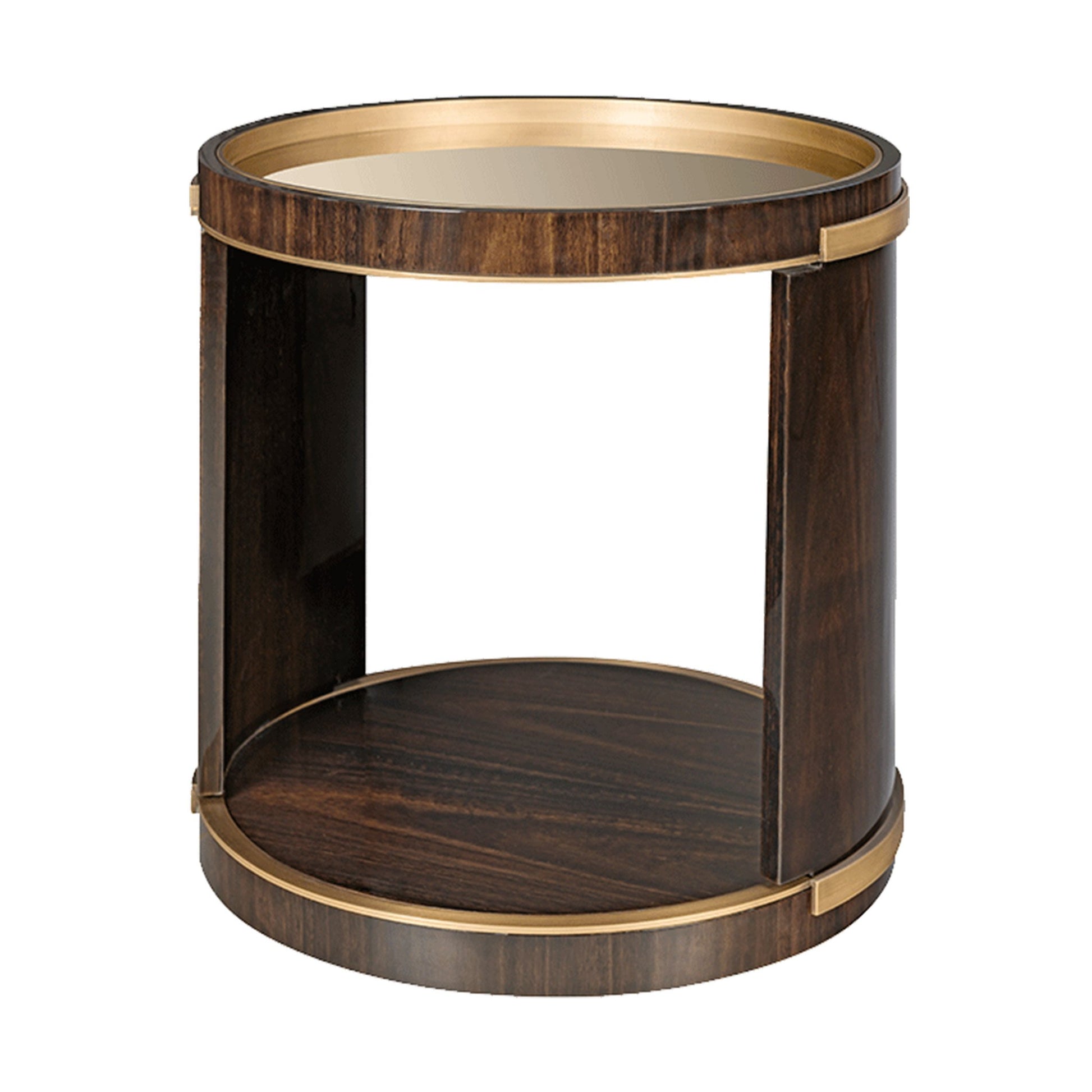 circular side table complete in a dark high gloss walnut wood veneer, inlaid with a bronze mirror, and bushed brass details