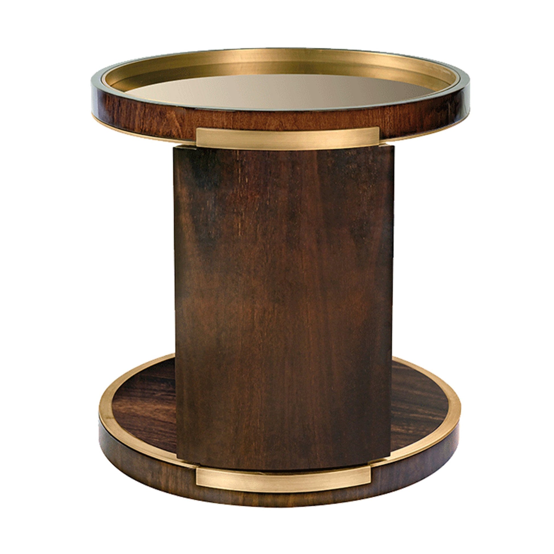 side view of the circular round table showing the dark high gloss walnut wood veneer structure and brass detailing