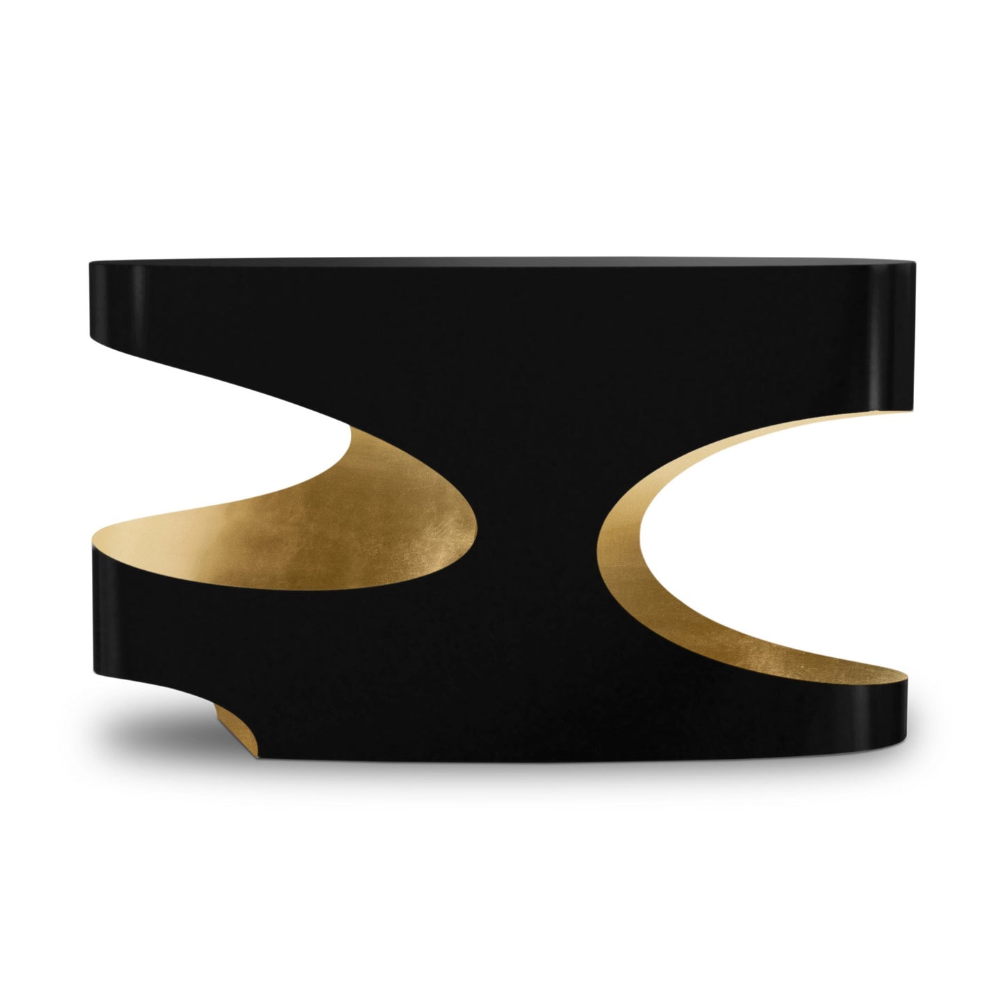 console table with a fibreglass body, and finished in a high gloss black lacquer with gold leaf