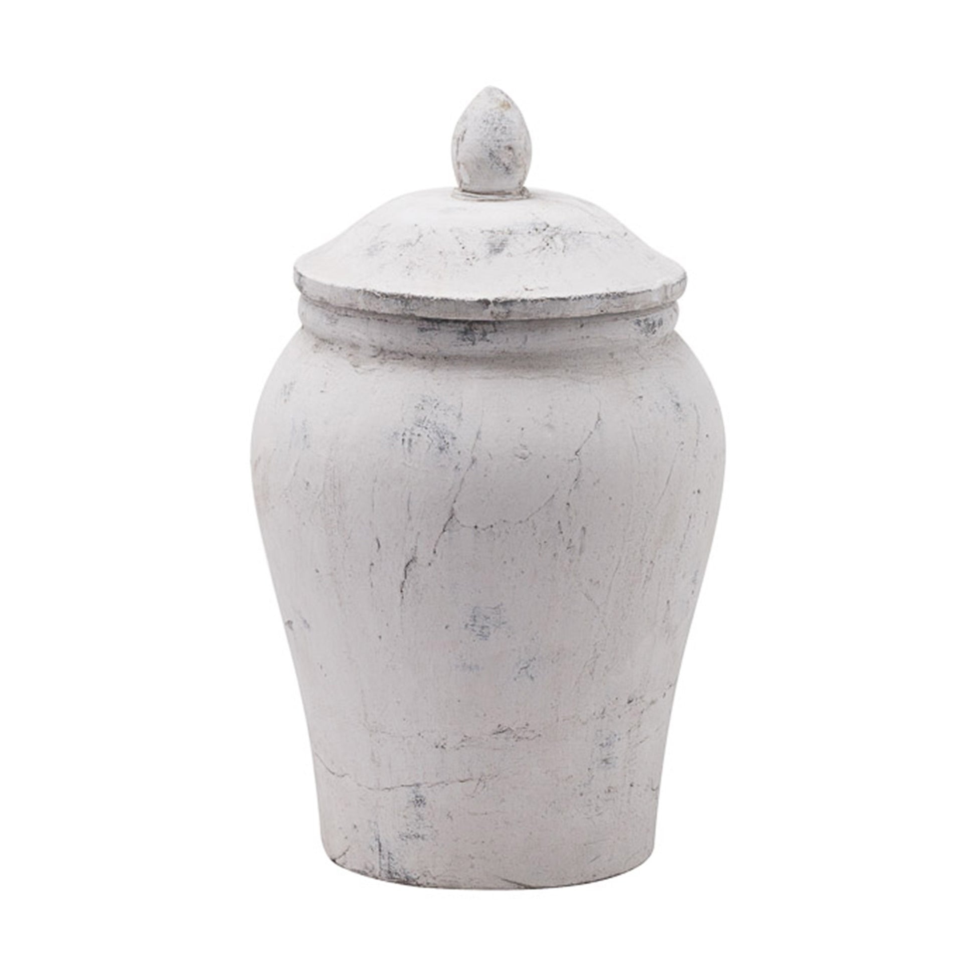 White rustic aged stone effect ginger jar. Shown with lid.