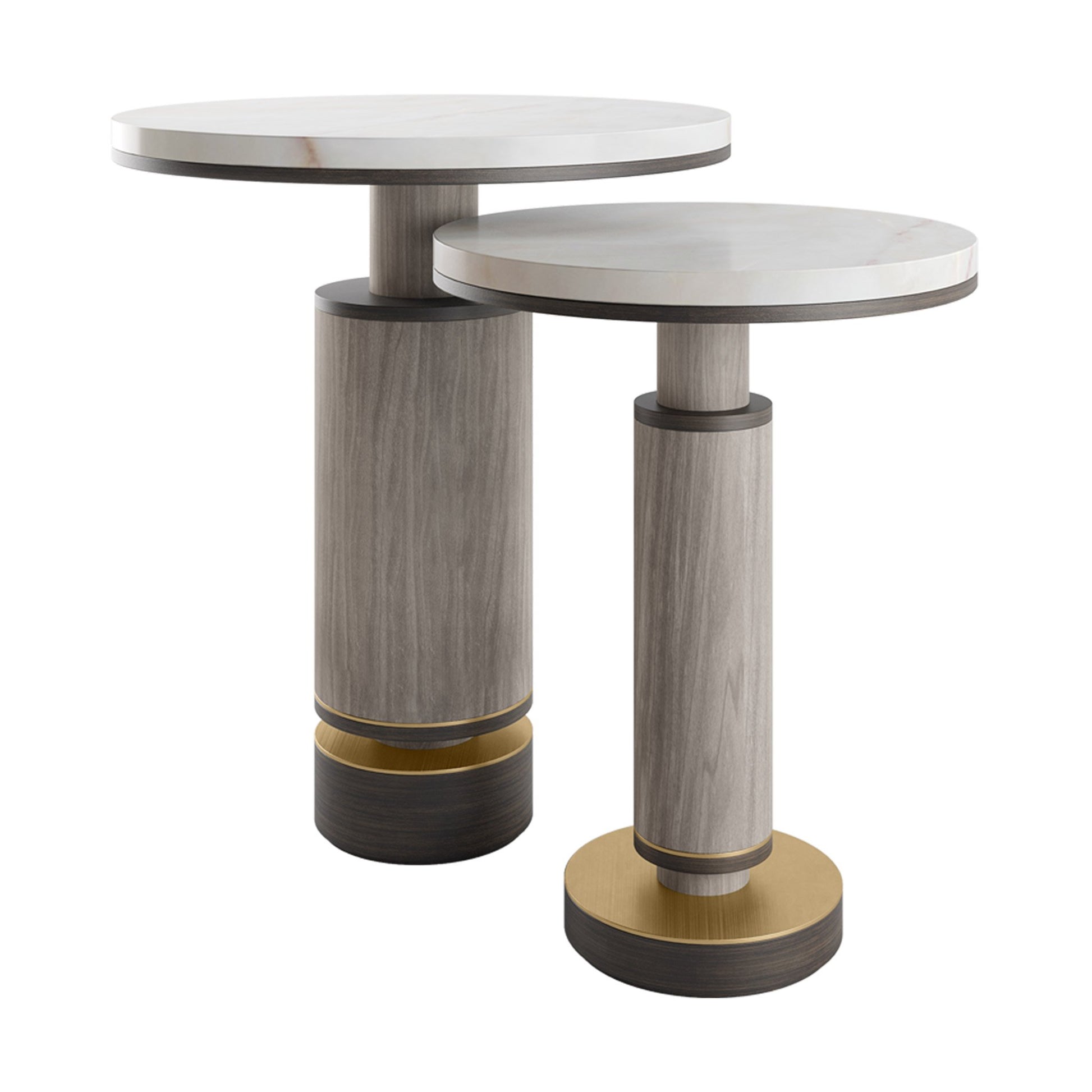 Two luxury Brutalist side tables presented in polished stone and brushed brass with wood details