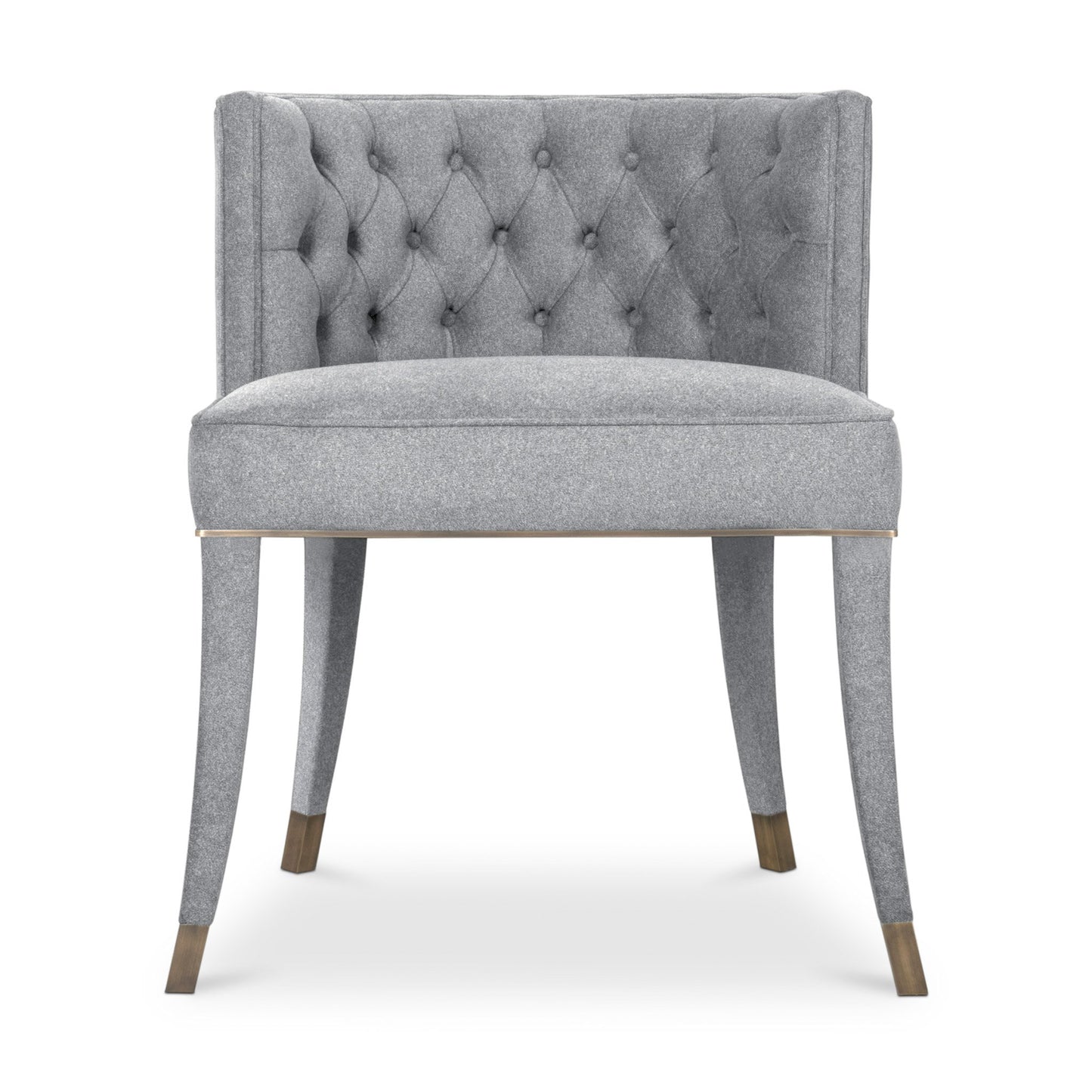 rich grey cotton velvet dining chair with a button-tufted inner back, upholstered legs, and aged brass detailing.