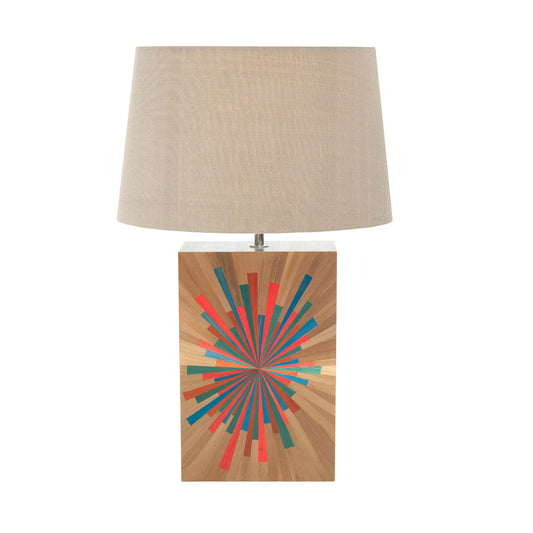 Straw marquetry lamp in a minimal rectangular block design with a variance of colours including natural gold, burnt orange, bright coral, teals and turquoise blues. the lamp is shown with a 14 inch beige tapered linen lampshade