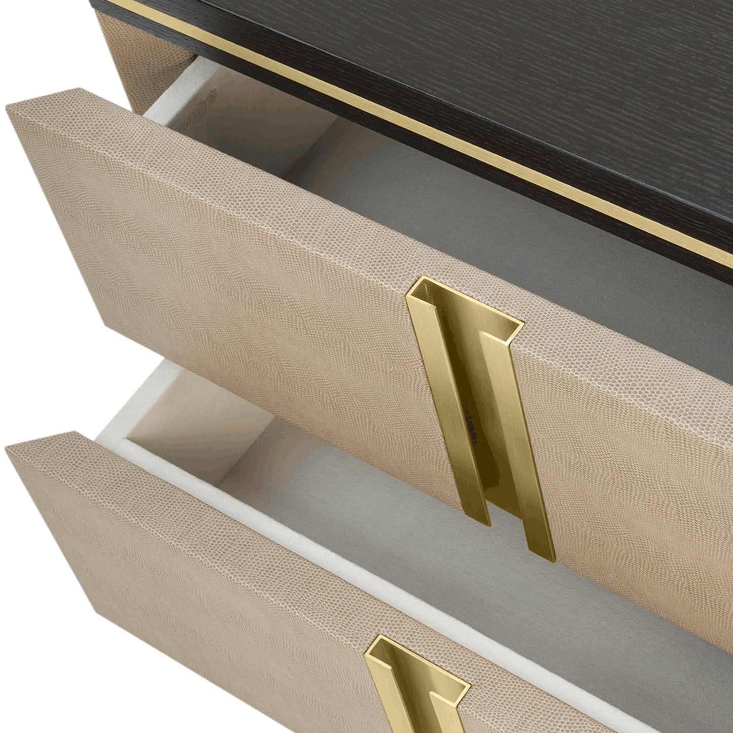 close up of the open bedside table drawers showing the brushed brass handles, leather finishing, and suede lining.