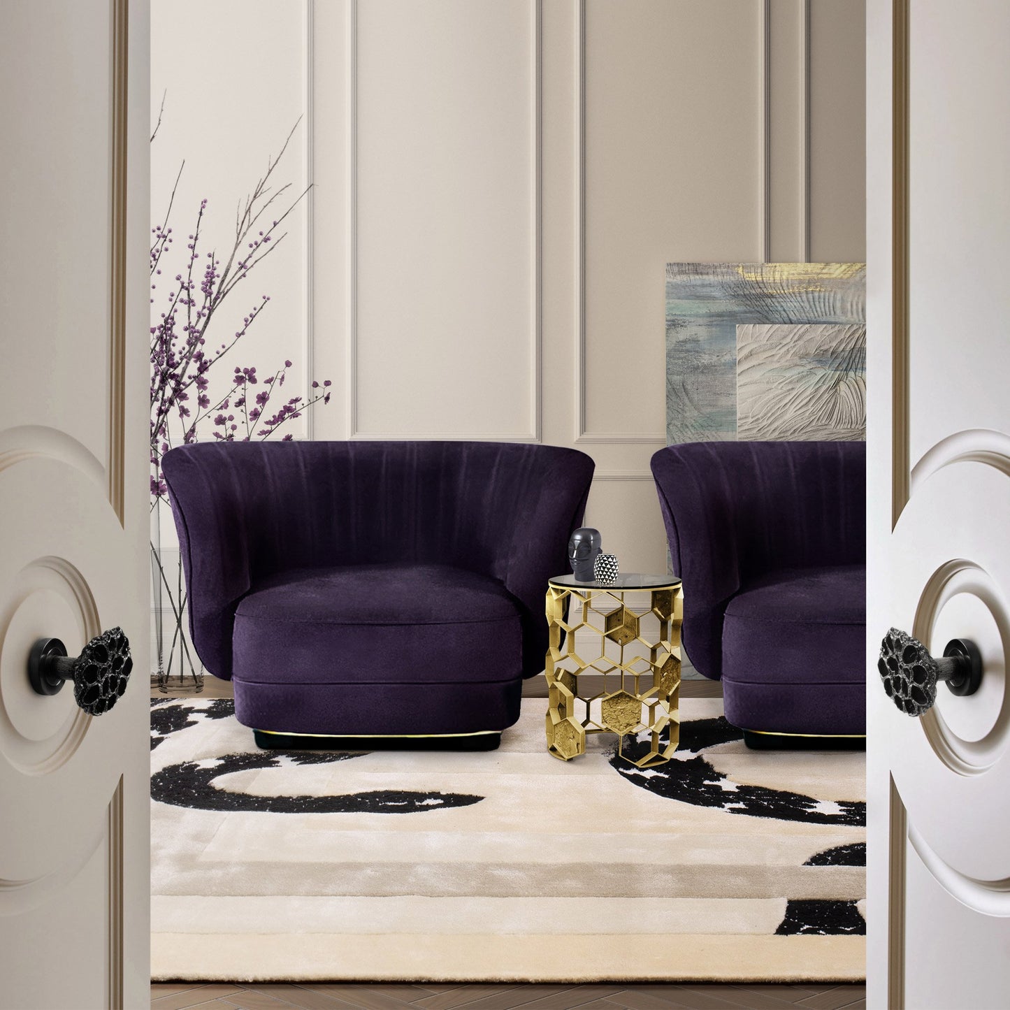 Lifestyle image of royal purple curved back velvet armchair in luxurious ivory white room