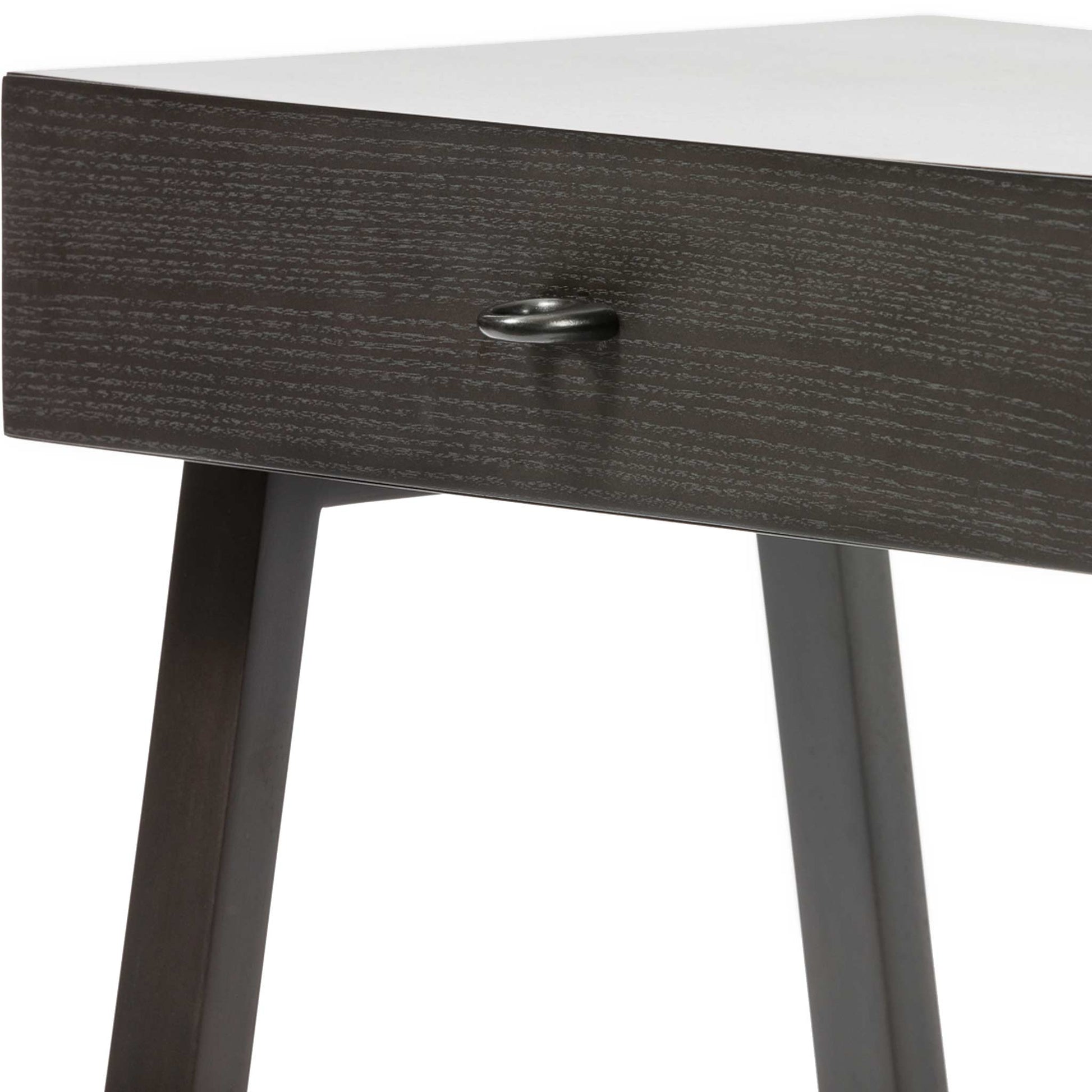 Dark wood bedside table with single drawer close view