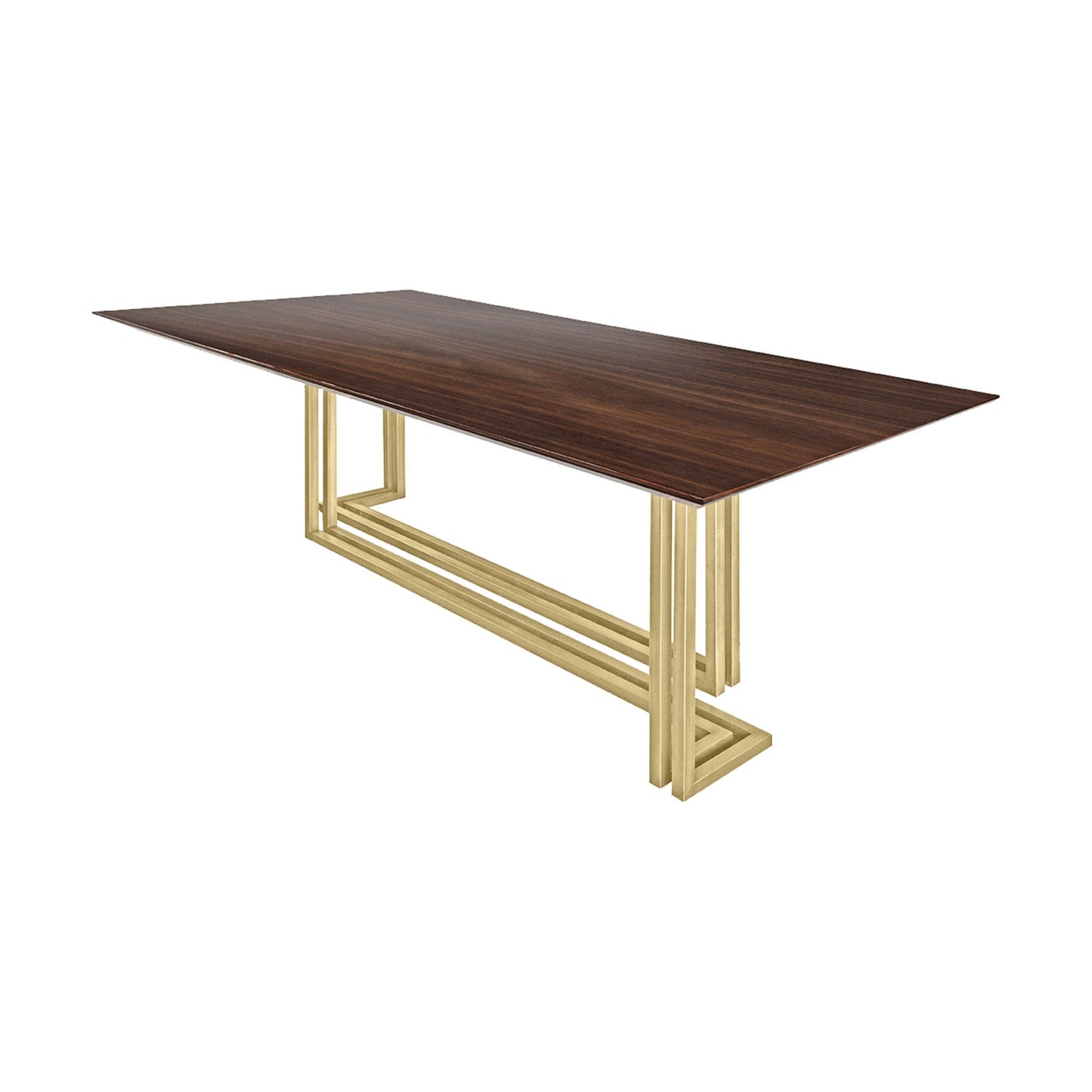 Isometric view of luxury dark wood modern dining table with a high gloss close pore wood veneer top and a structure of brushed brass.