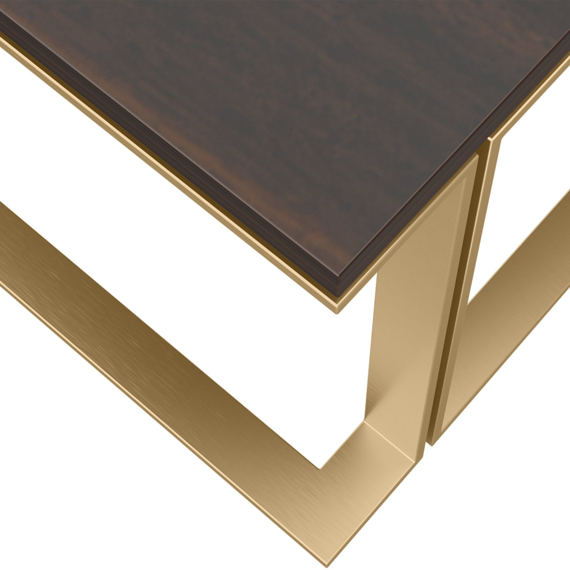 close up of the large, low profile coffee table showing the wood veneer top and brushed brass legs