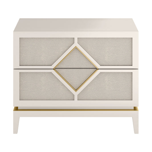 Elegant cream lacquered bedside table with leather and brass inlay