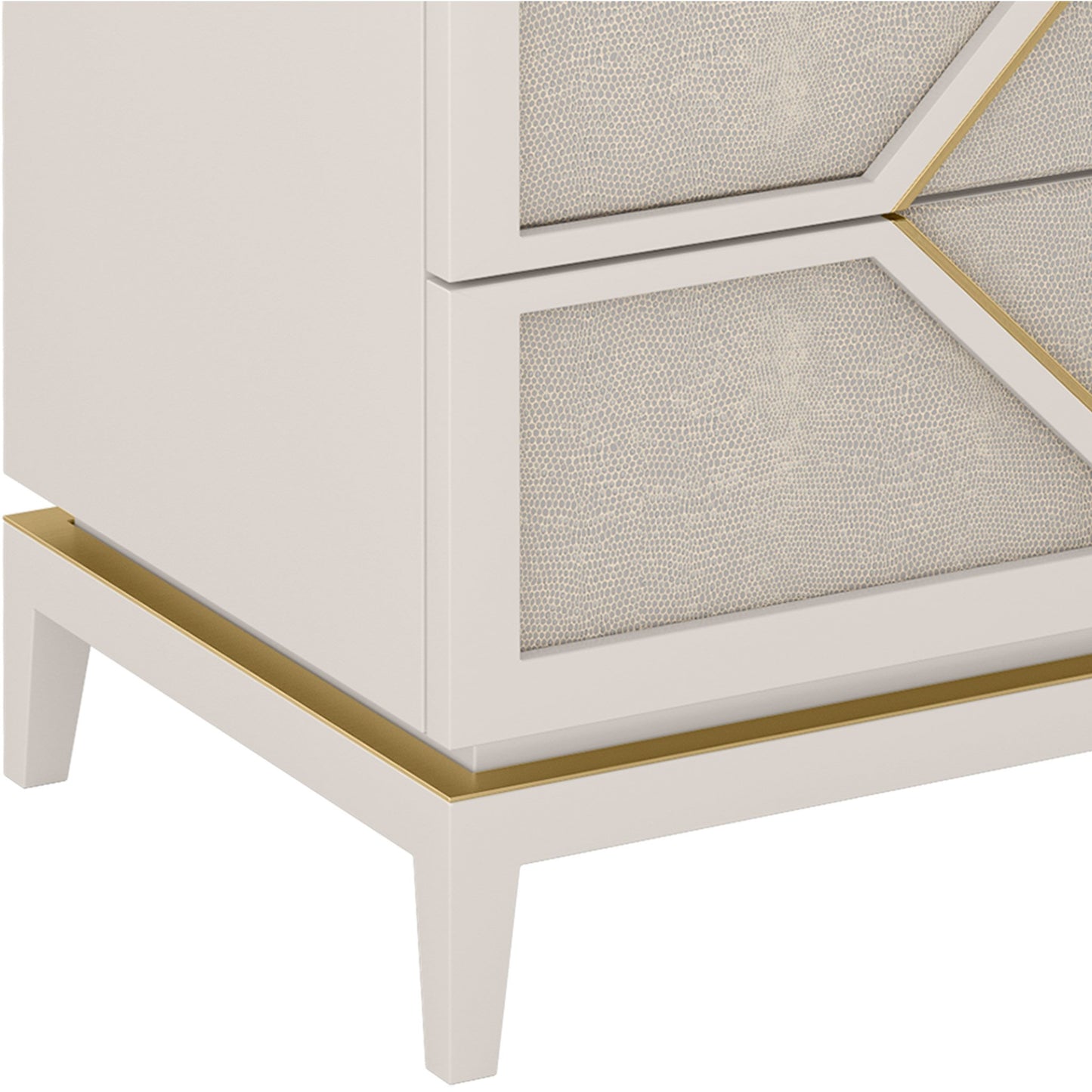 Close up of elegant cream lacquered bedside table with leather and brass inlay