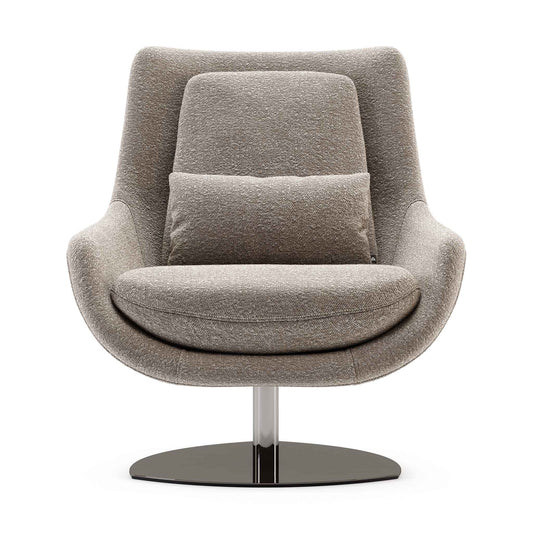 Modern egg shaped swivel chair with oatmeal coloured upholstery on pedestal steel base. 