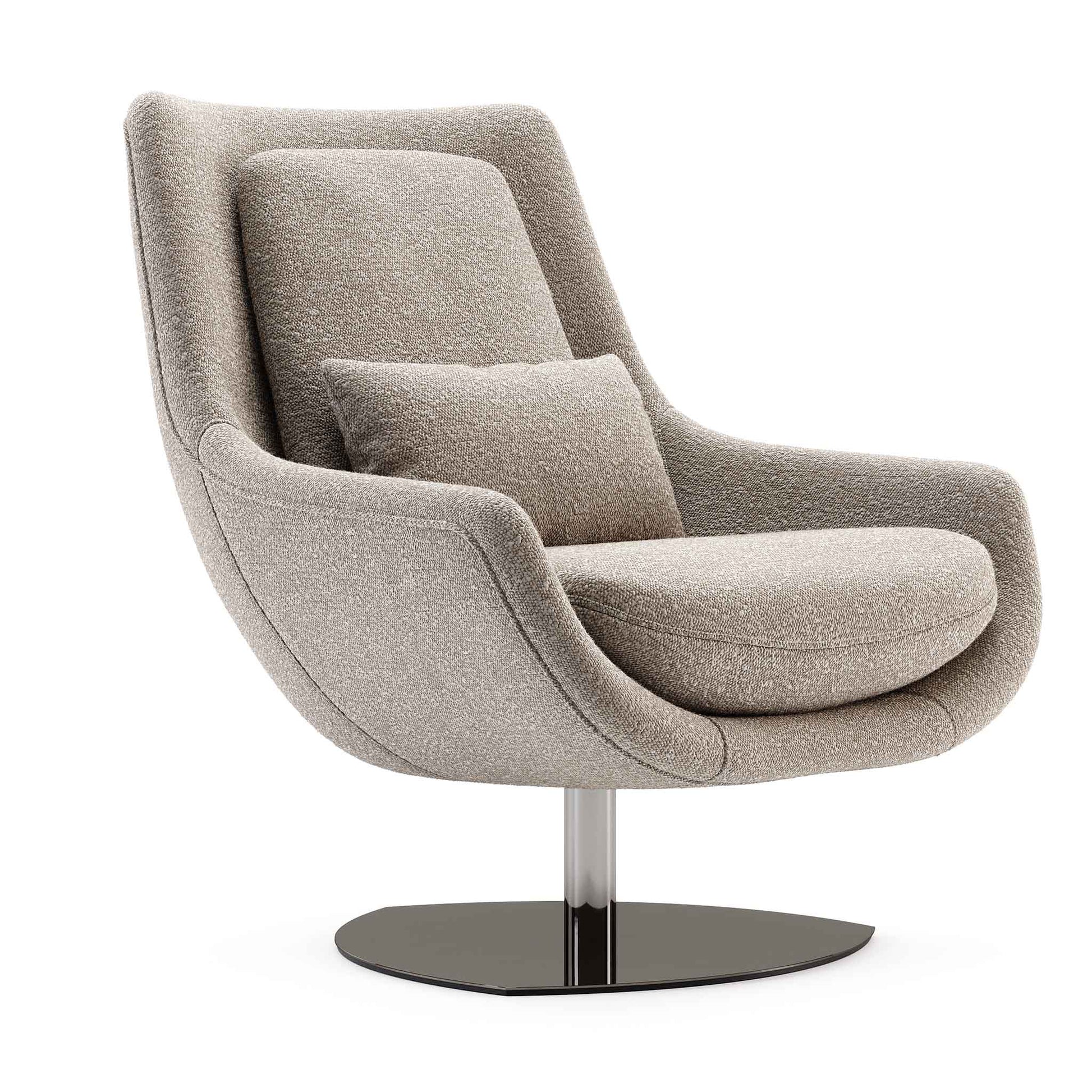 Side view of modern egg shaped swivel chair with oatmeal coloured upholstery on pedestal steel base.