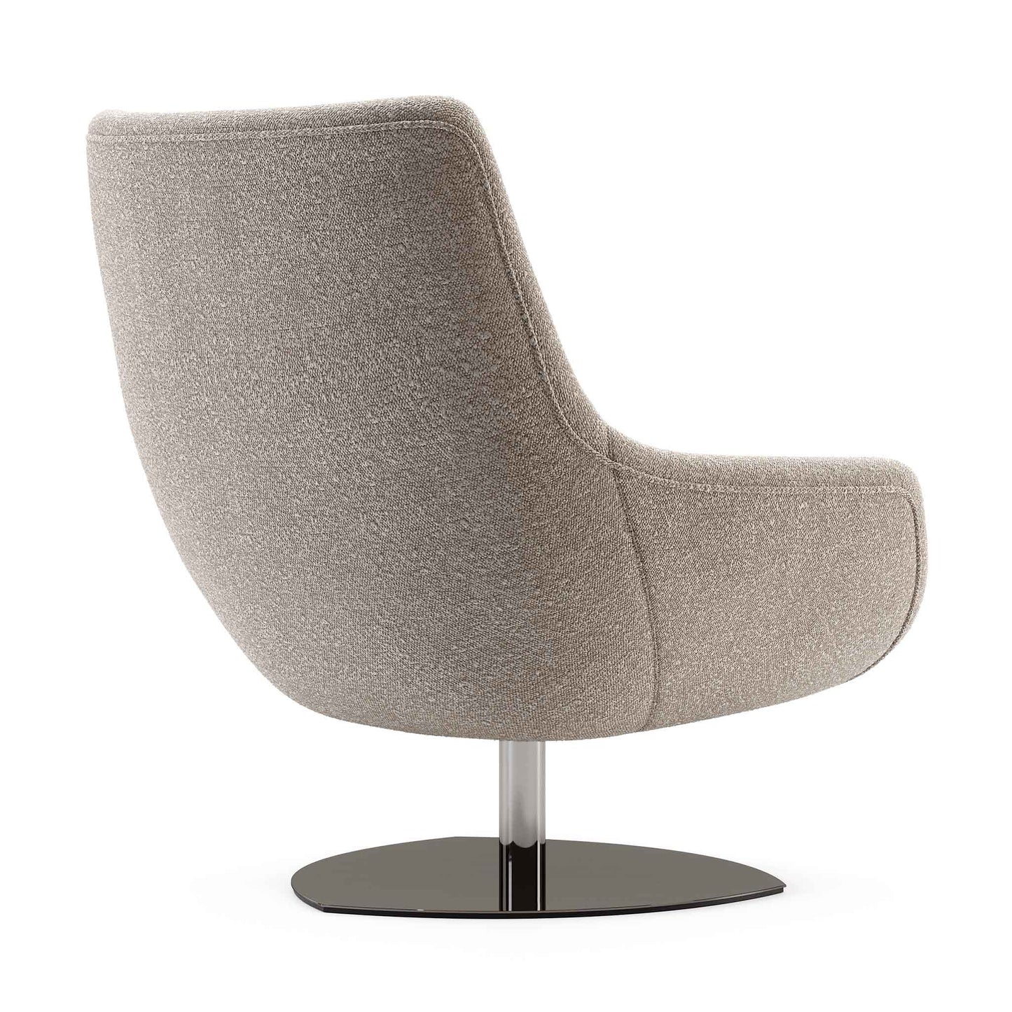 Back and side view of modern egg shaped swivel chair with oatmeal coloured upholstery on pedestal steel base.