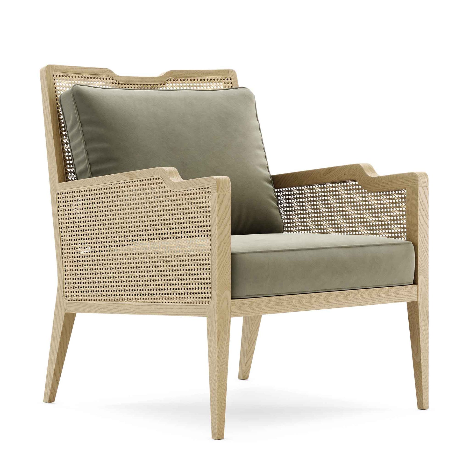 Pale modern wood frame rattan chair with velvet upholstered cushions in sage green. Featuring side view with rattan detail.