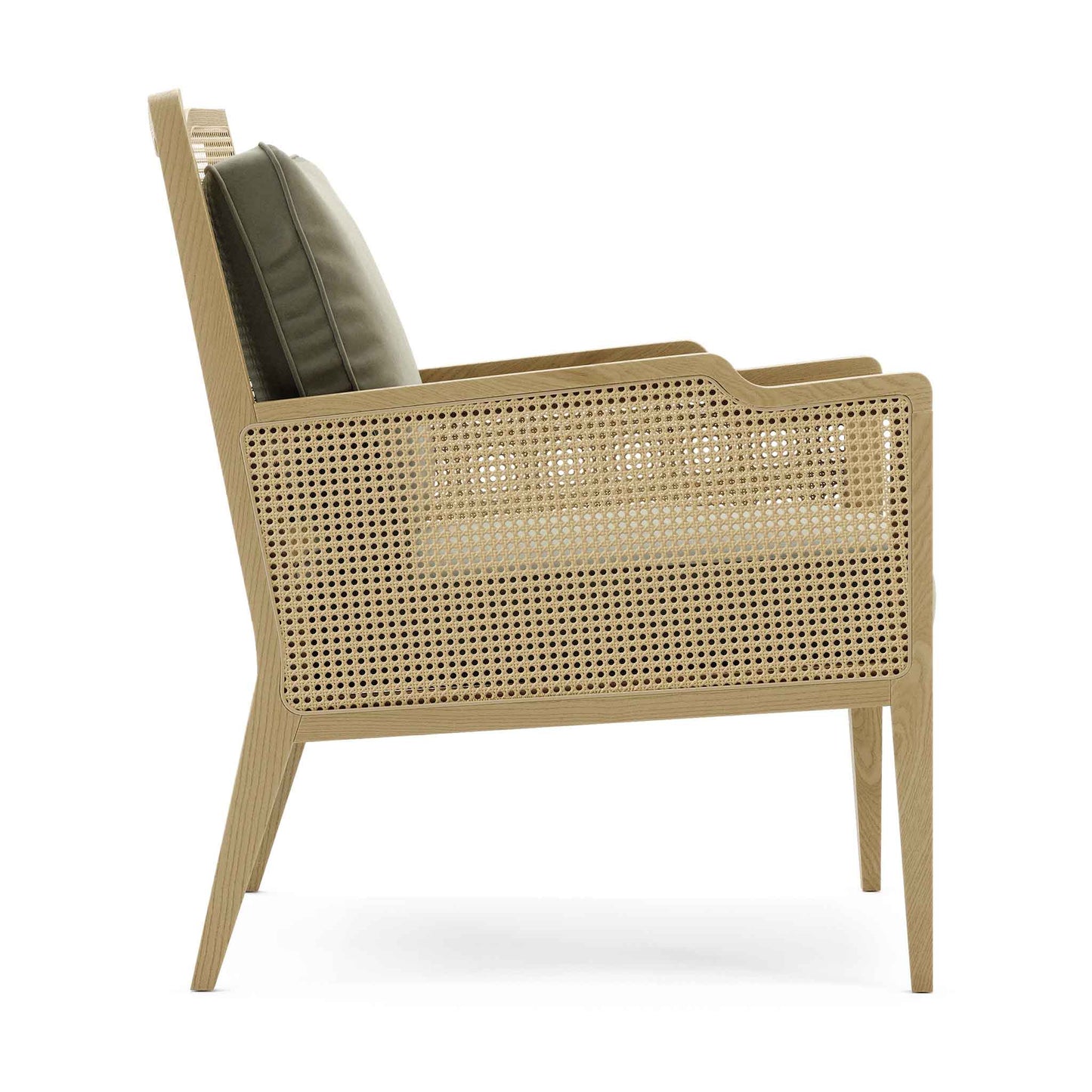 Pale modern wood frame rattan chair with velvet upholstered cushions in sage green. Featuring side view with rattan detail.