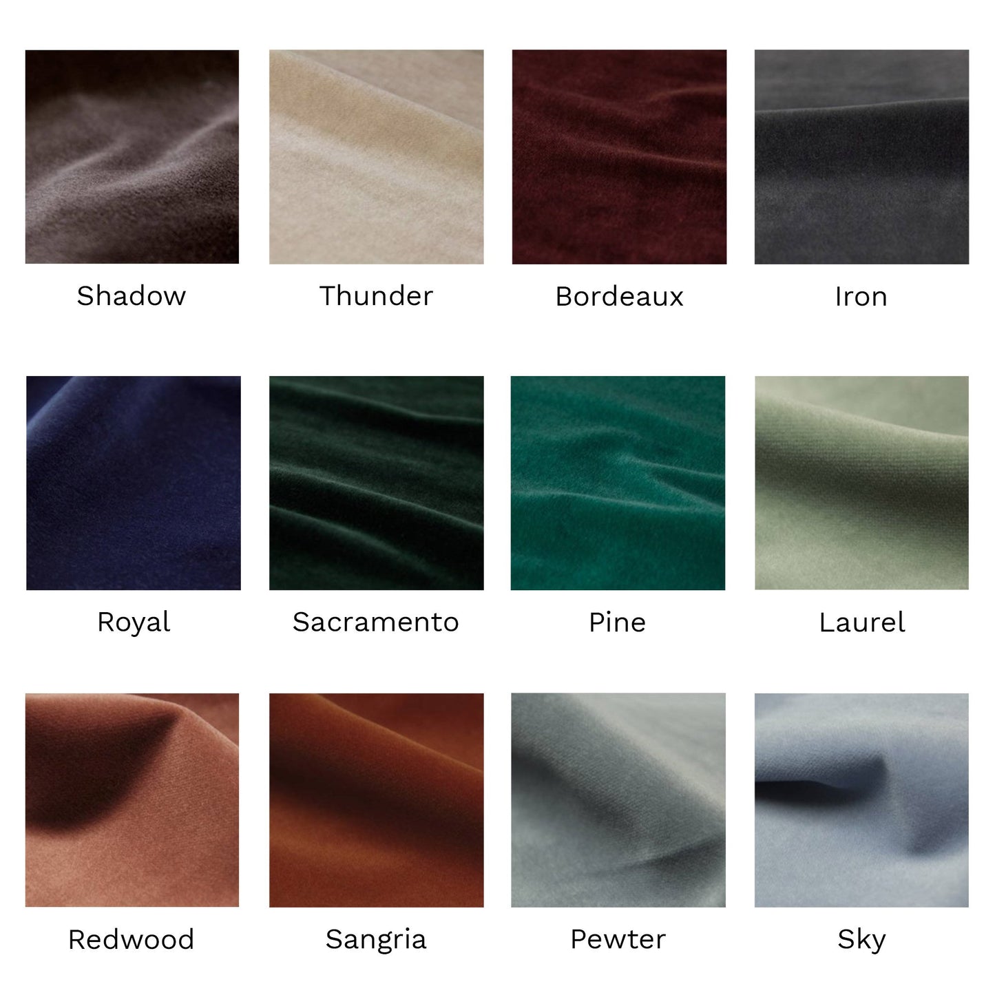 Fabrics swatches showing the 12 colour options available for the armchair