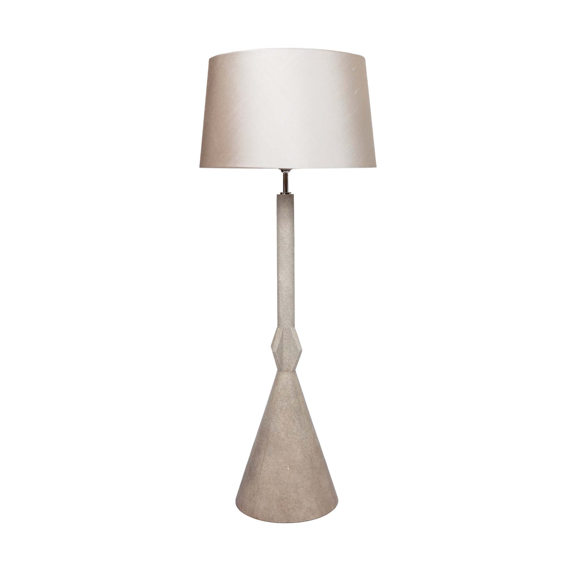 Minimal art deco style light grey lamp covered in shagreen. Shown with cream silk shade.