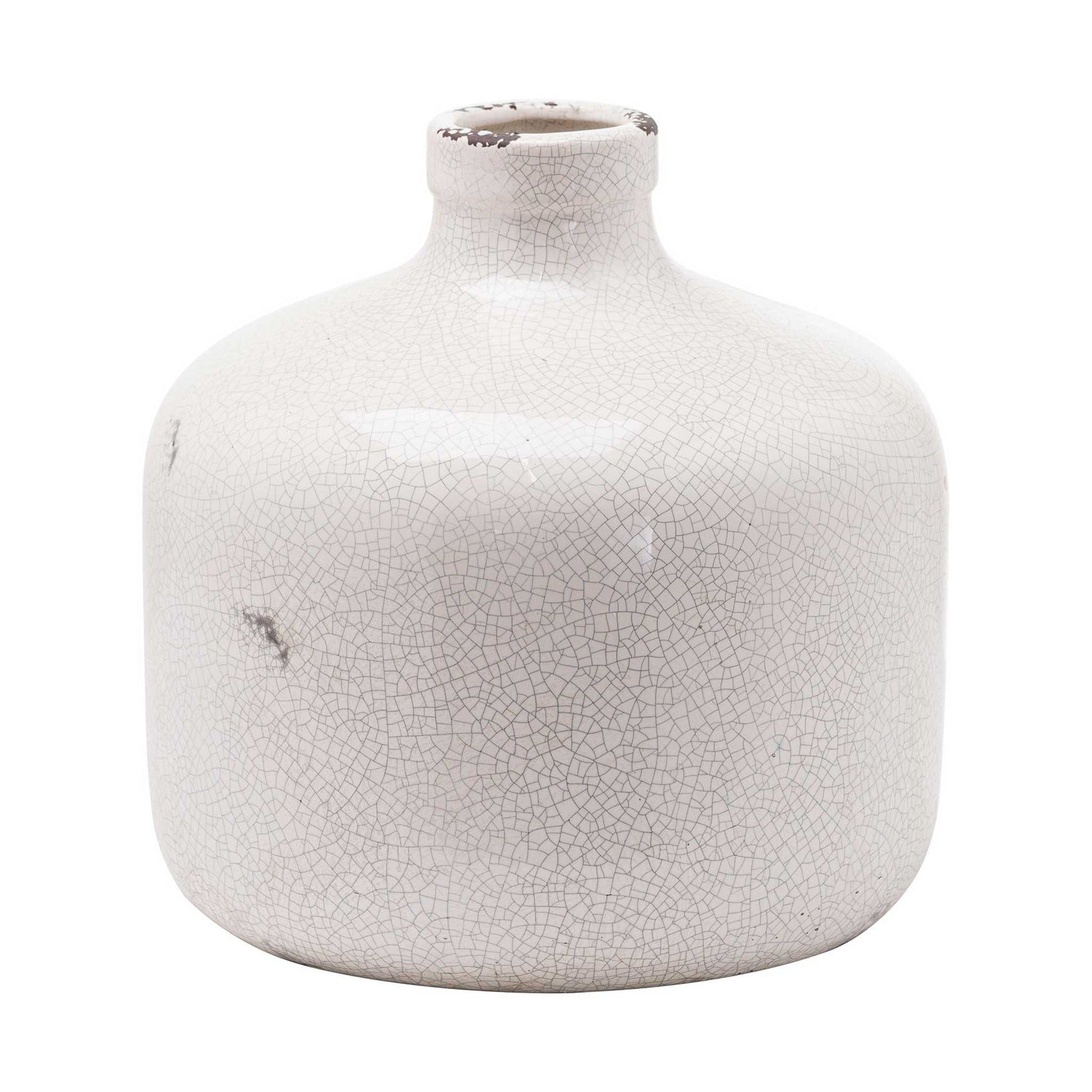 White crackle glazed vase with a wide full form form and a small tapered neck.