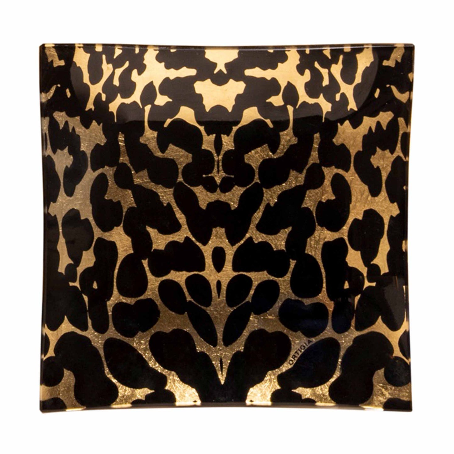 Leopard print glass plate with gold leaf.