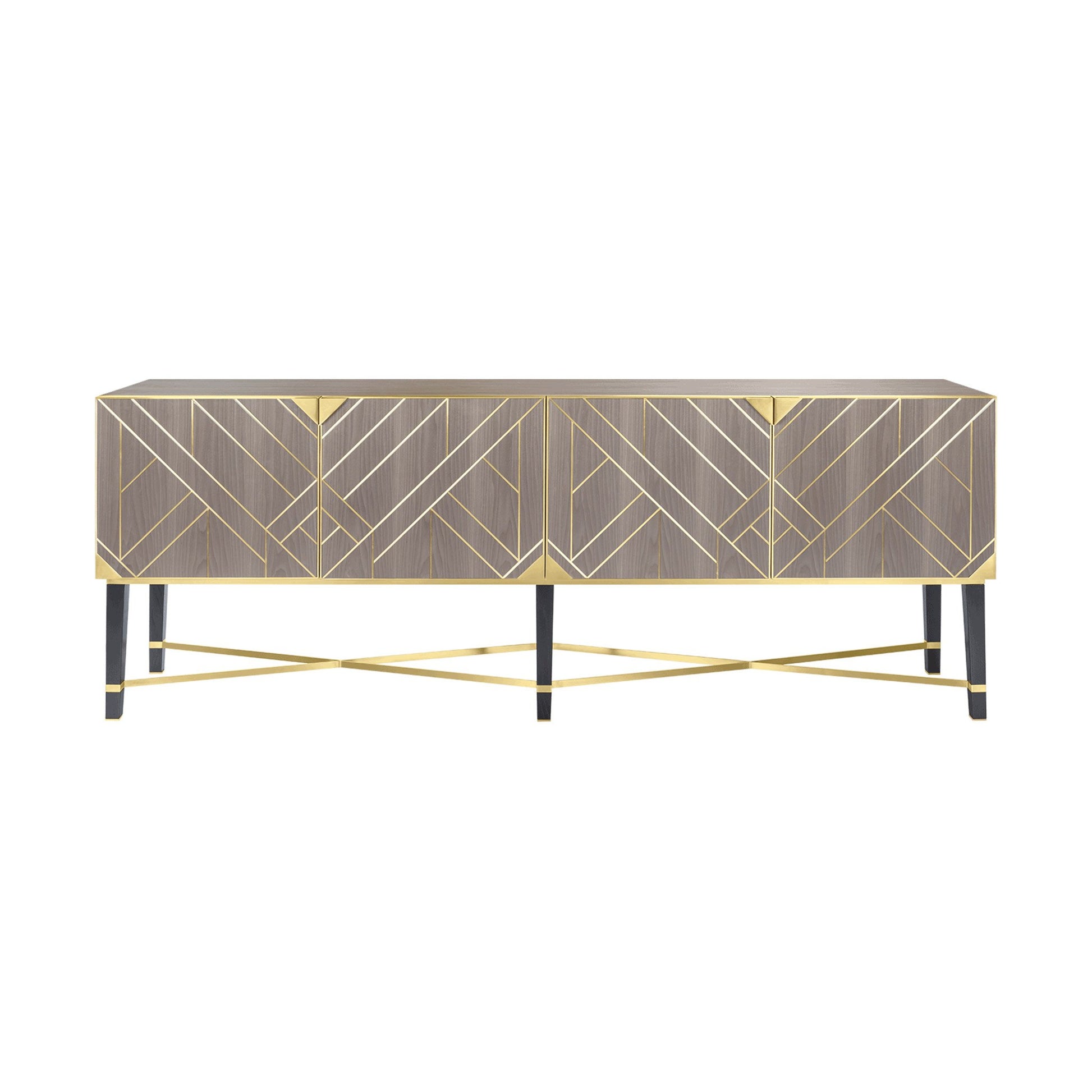 Luxury four door sideboard with modern diagonal brass inlay and dark wood legs and brass details.