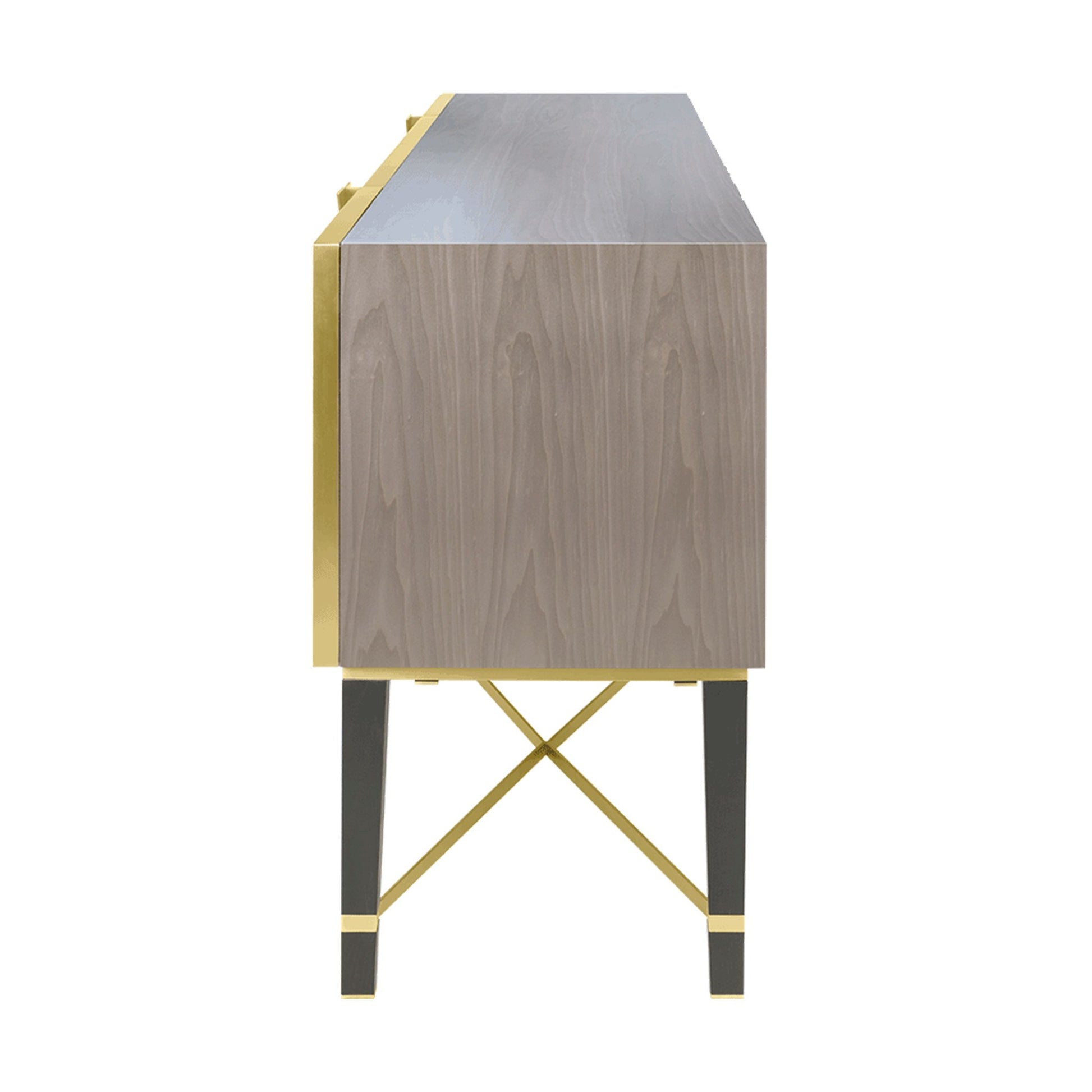 Side view of luxury four door sideboard with modern diagonal brass inlay and dark wood legs and brass details.