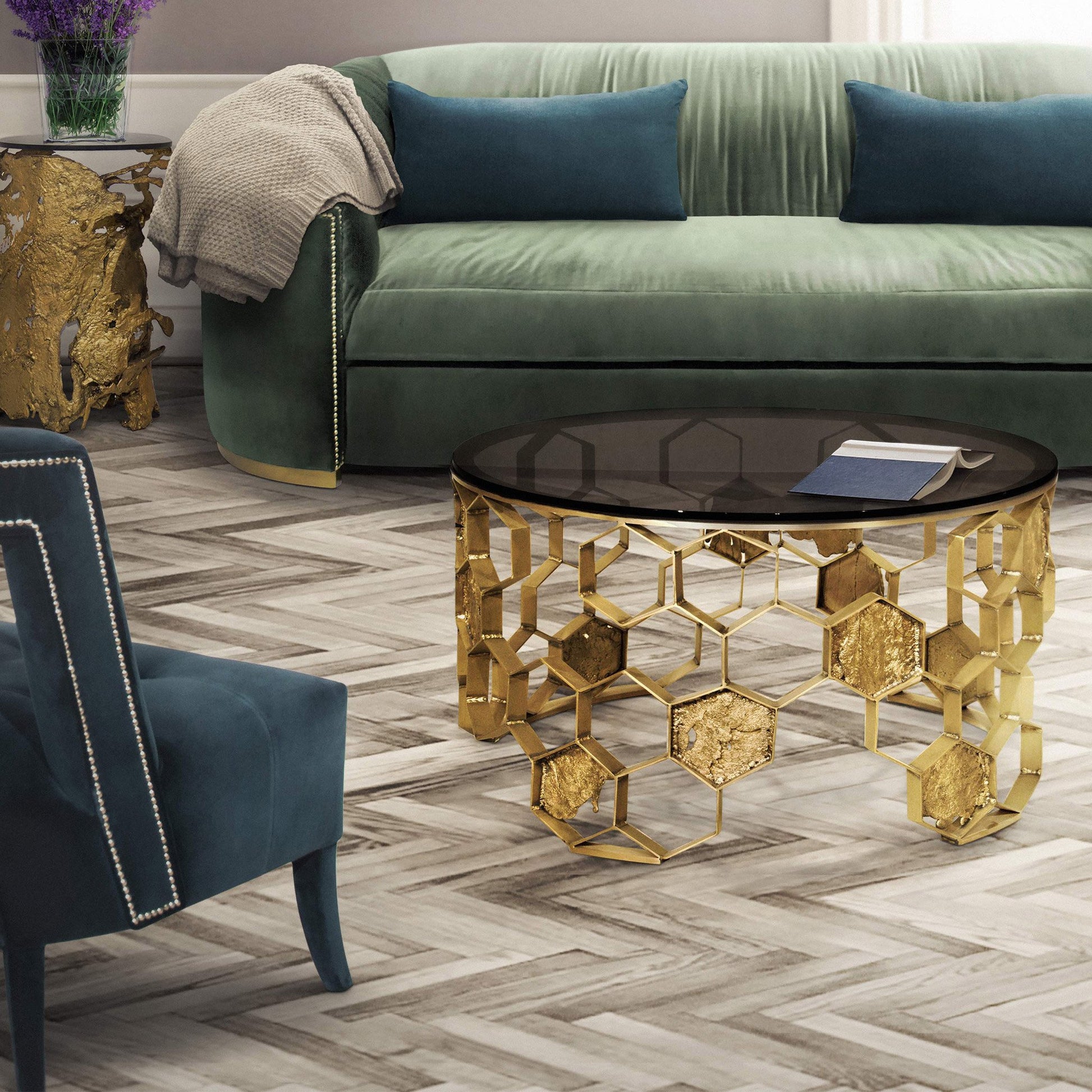 Stylist glass top gold coffee table living room