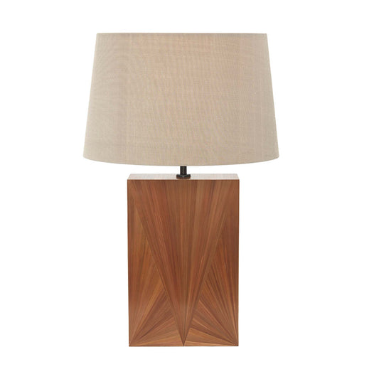 Straw marquetry lamp in a minimal rectangular block design in golden brown the lamp is shown with a 14 inch beige tapered linen lampshade