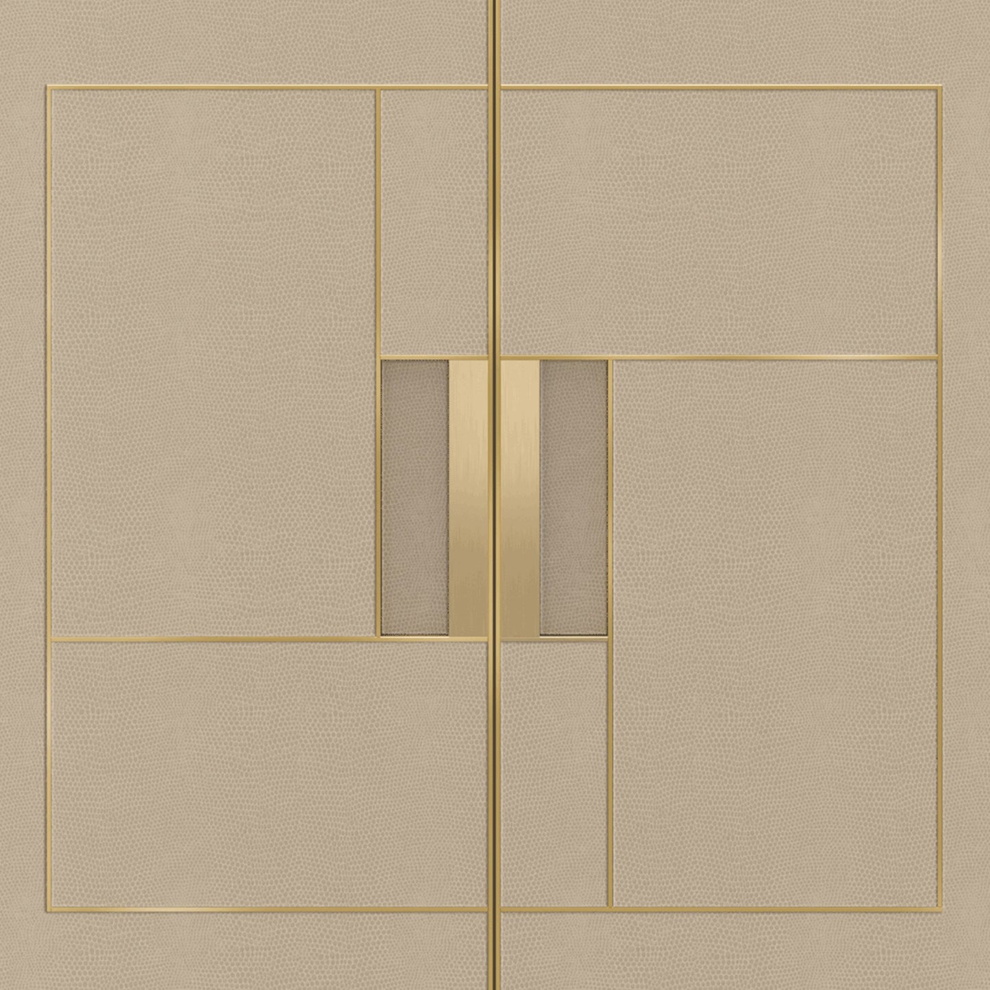 Close up of Inlaid leather cabinet doors with geometric brass details 