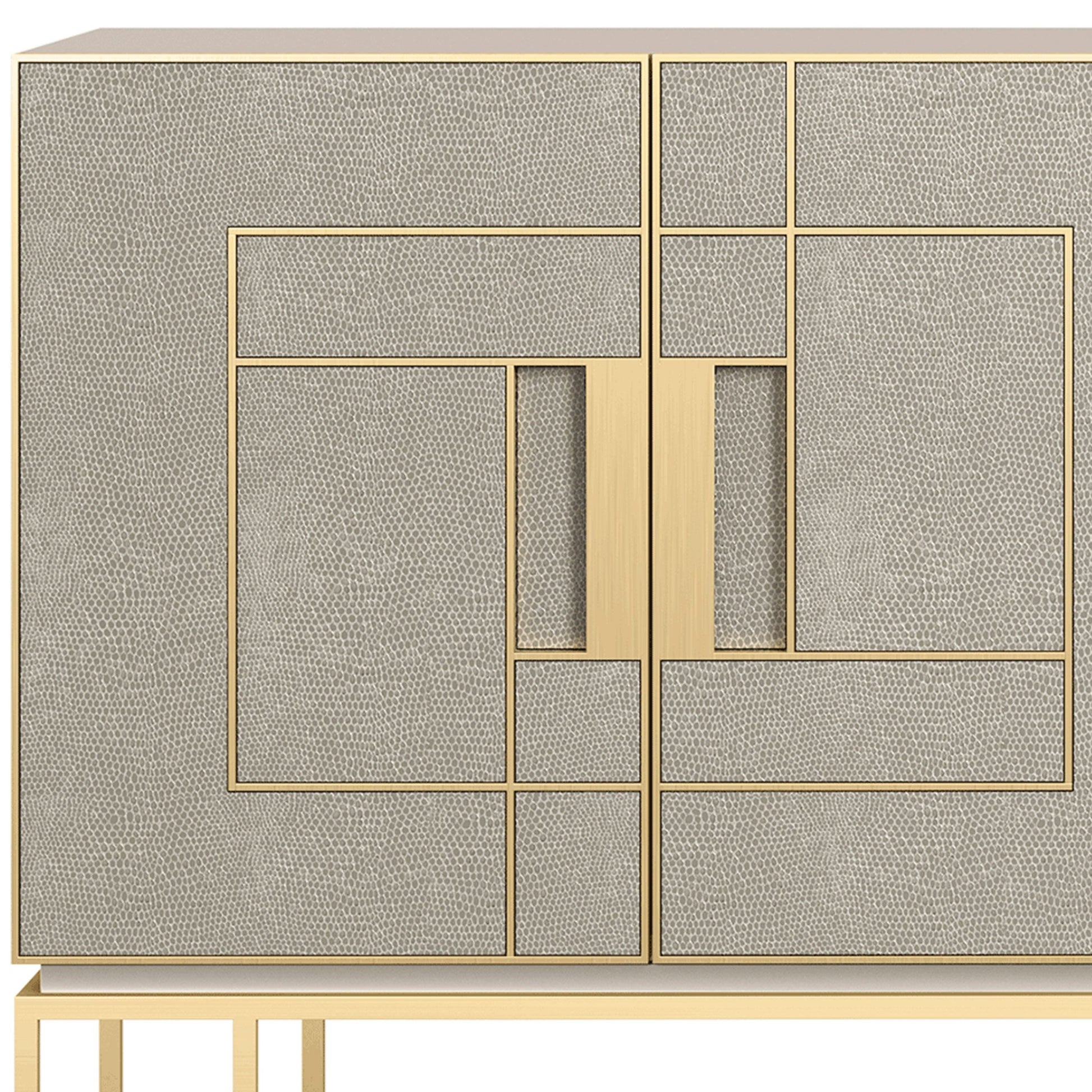 close up of Luxury Leather and brass sideboard detail in geometric design