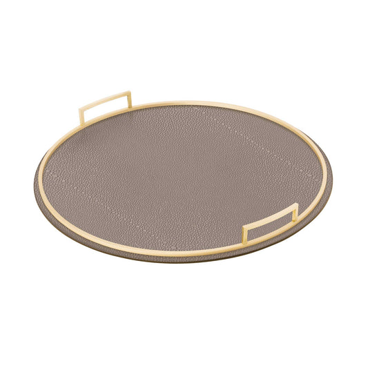 Round clay brown shagreen textured Italian leather tray with brass handles